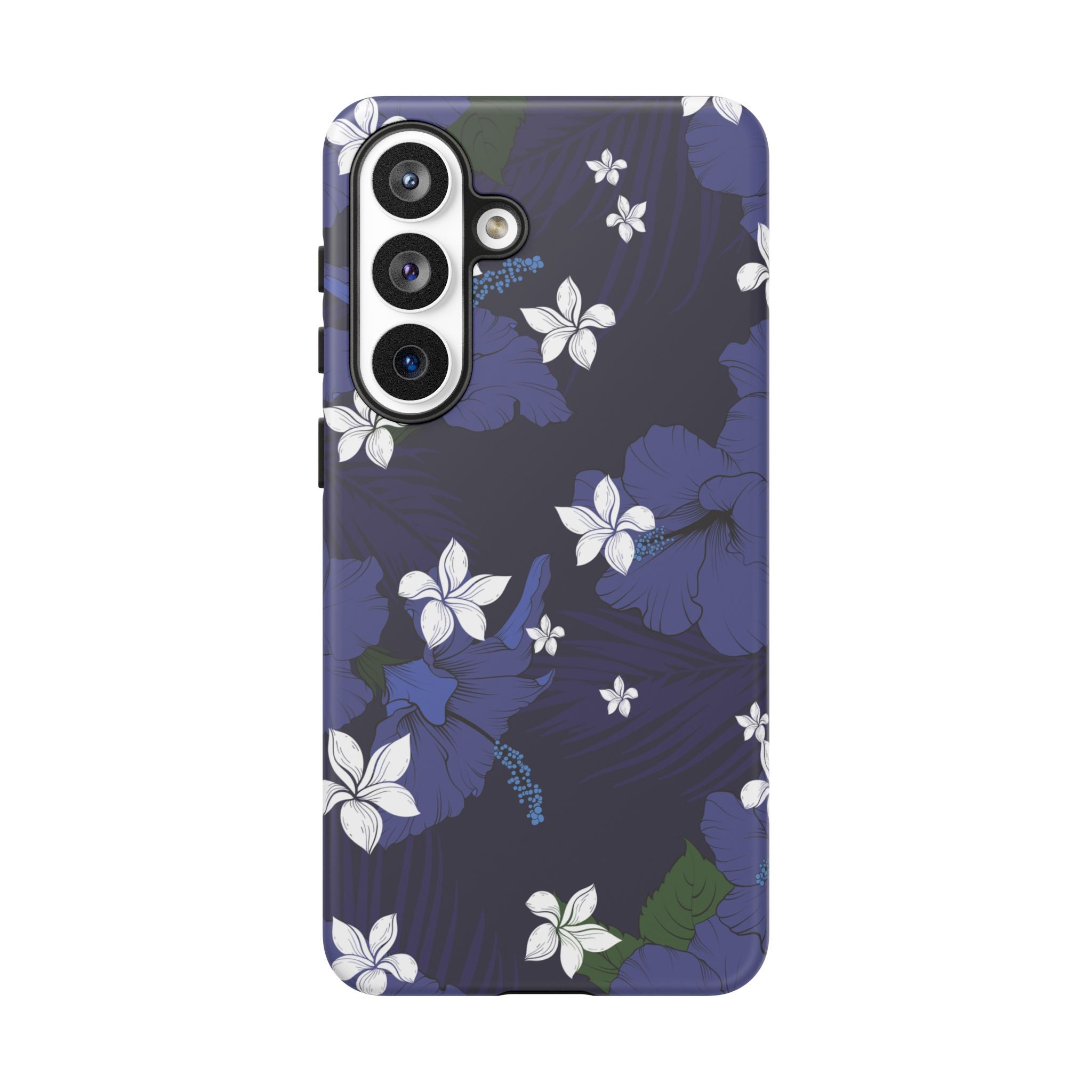 Vintage Blue Tough Samsung Galaxy Case Detail View - Hawaiian Indigo Hibiscus White Plumeria Design Close Up - The Local Banyan