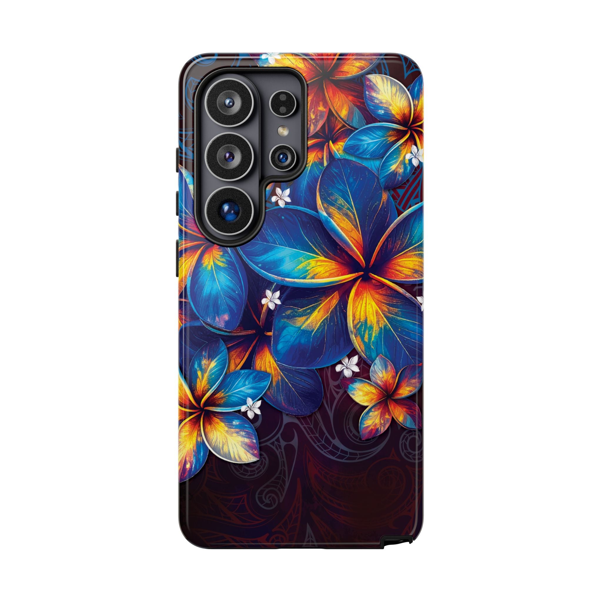 Nohea Twilight Tough Samsung Galaxy Case Detail View - Hawaiian Blue Orange Plumeria Twilight Design Close Up - The Local Banyan