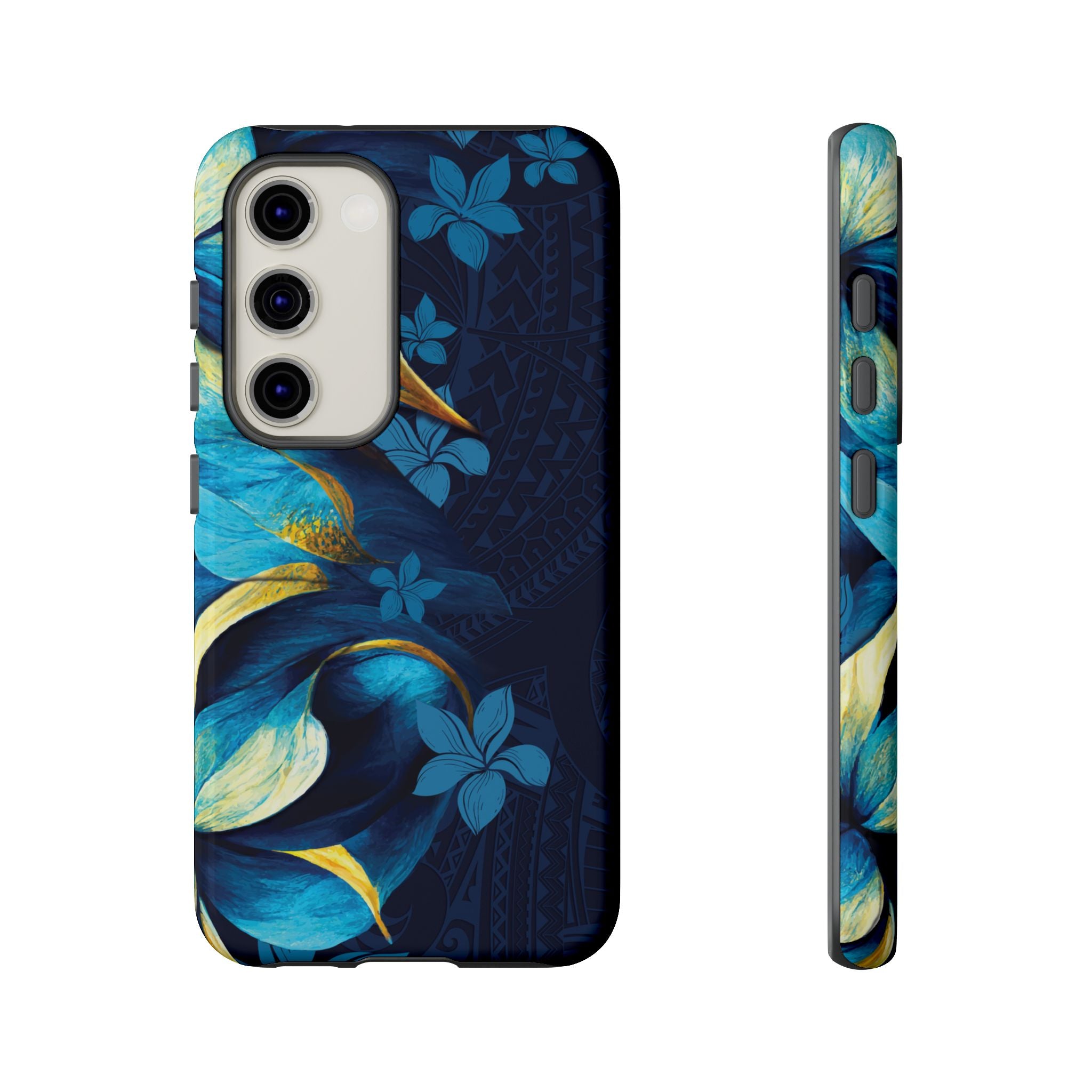Woman holding Po Mahina Tough Samsung Galaxy Case - Hawaiian Moonlit Teal Gold Floral Design - The Local Banyan