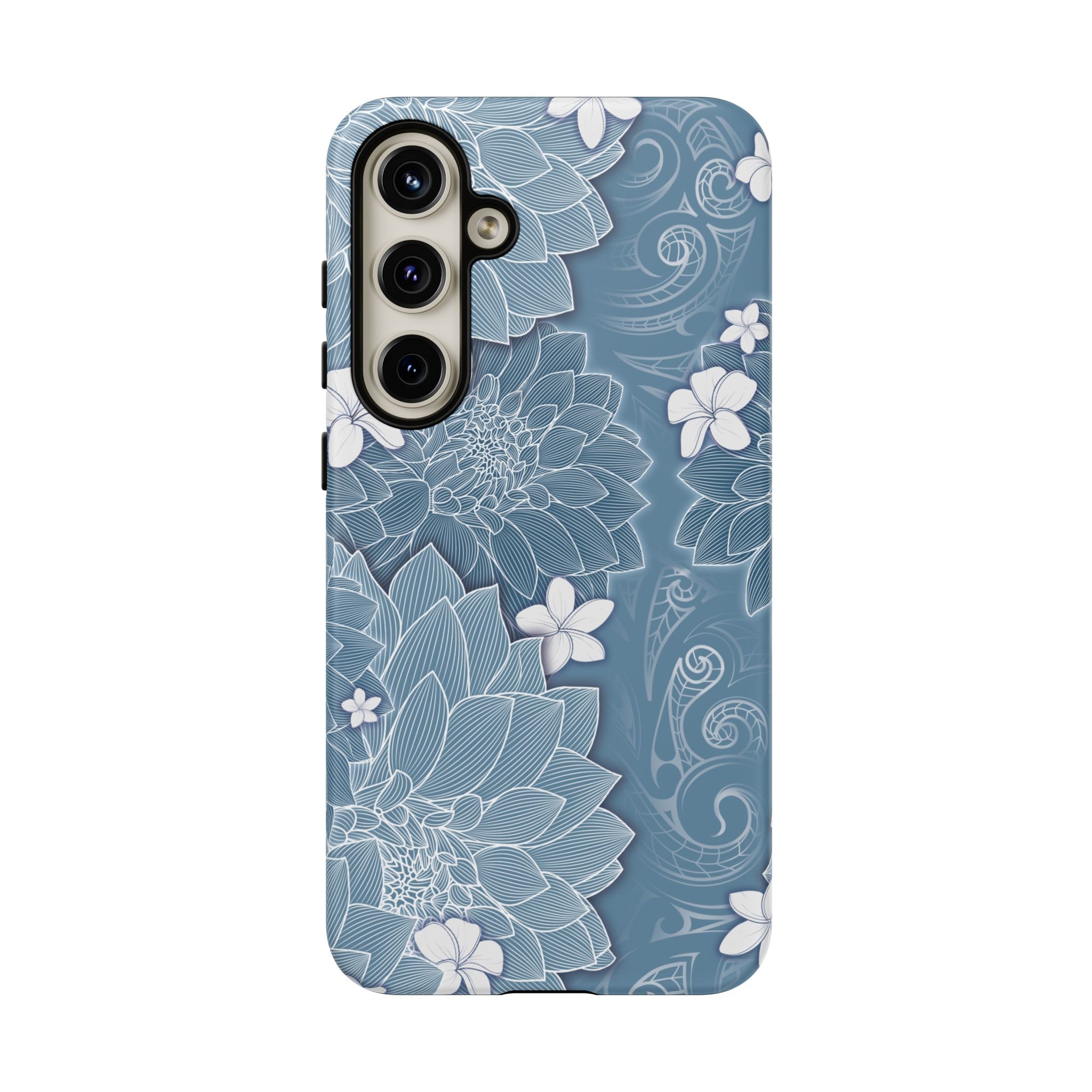 Woman holding Pua La Tough Samsung Galaxy Case - Hawaiian Golden Hibiscus Sun Flower Sapphire Design - The Local Banyan