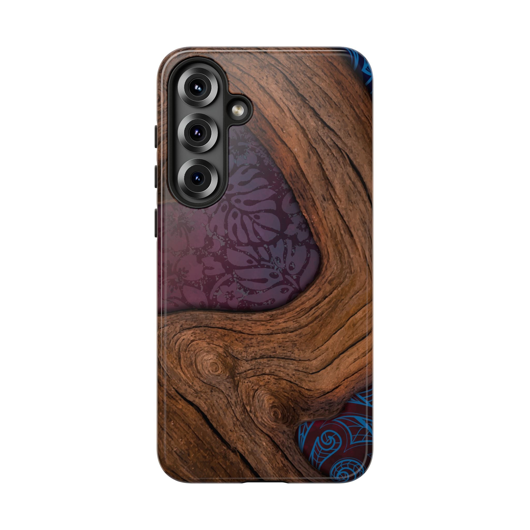 Rooted Tough Samsung Galaxy Case Detail View - Hawaiian Koa Wood Island Strength Tribal Design Close Up - The Local Banyan