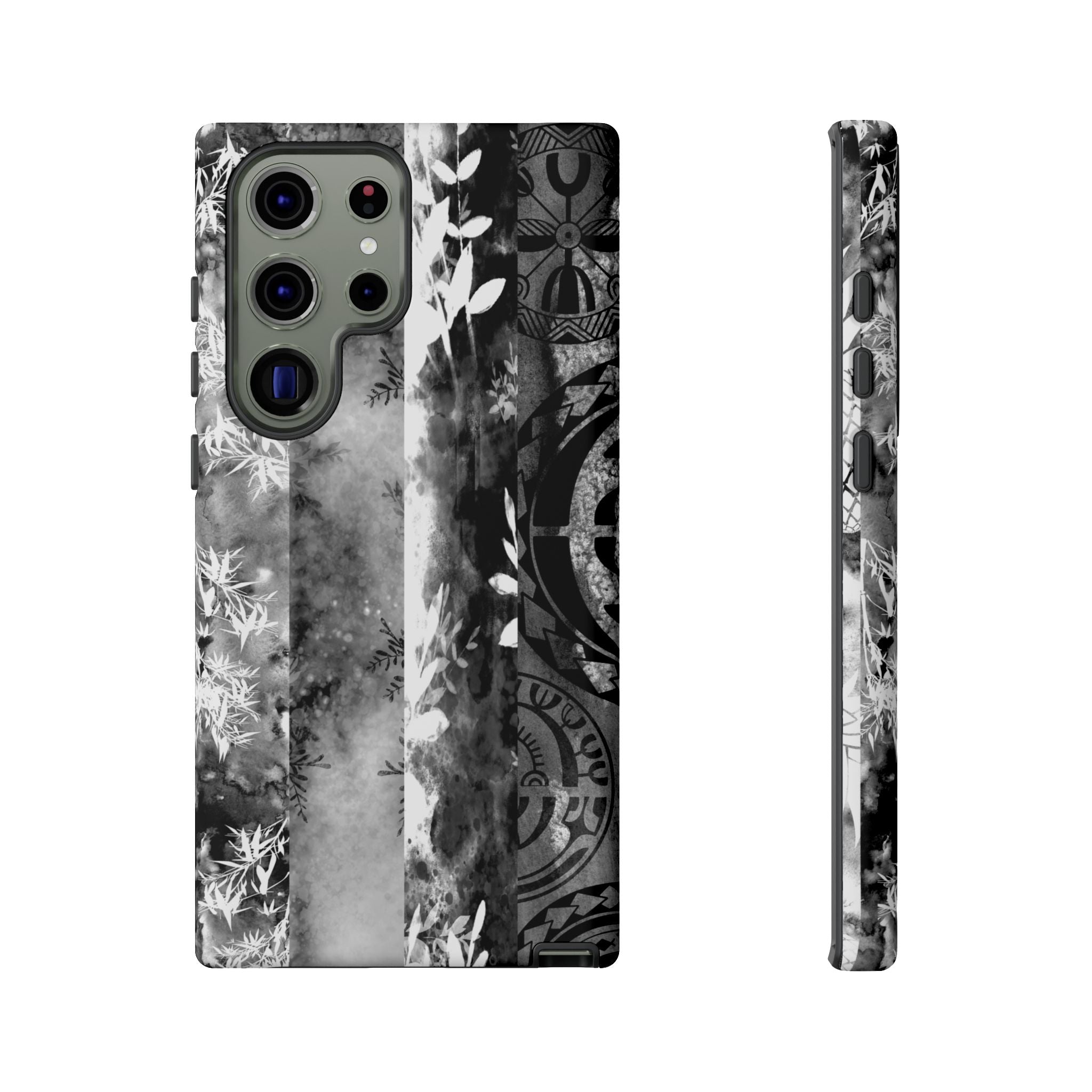 Monochrome Oasis Tough Samsung Galaxy Case Detail View - Hawaiian Black White Botanical Tribal Design Close Up - The Local Banyan