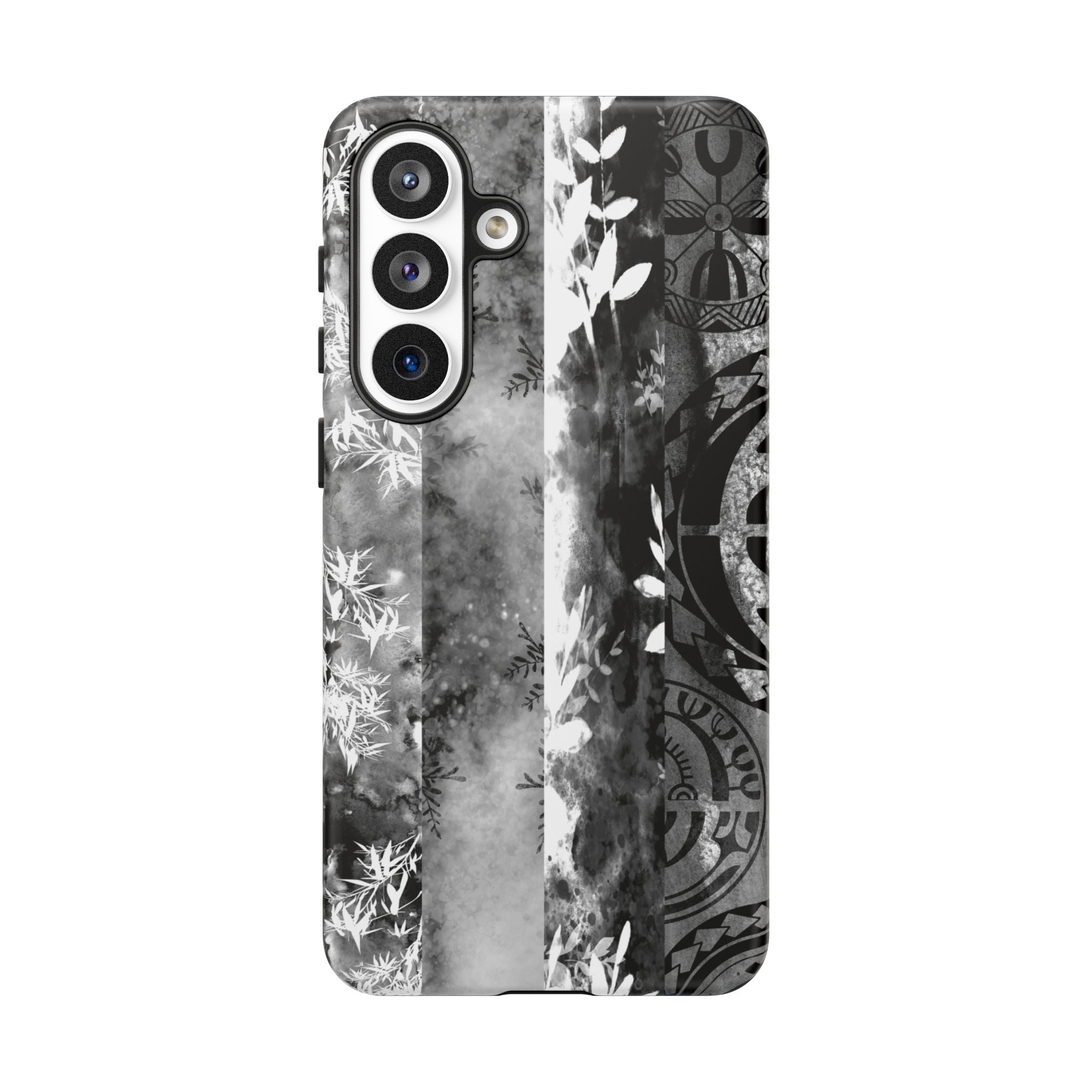 Woman holding Monochrome Oasis Tough Samsung Galaxy Case - Hawaiian Black White Botanical Tribal Design - The Local Banyan