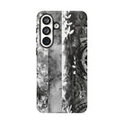 Woman holding Monochrome Oasis Tough Samsung Galaxy Case - Hawaiian Black White Botanical Tribal Design - The Local Banyan
