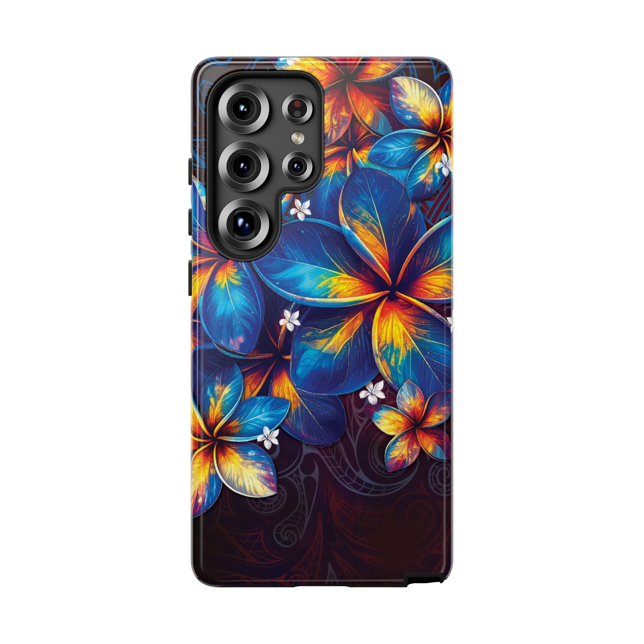 Nohea Twilight Tough Samsung Galaxy Case Detail View - Hawaiian Blue Orange Plumeria Twilight Design Close Up - The Local Banyan