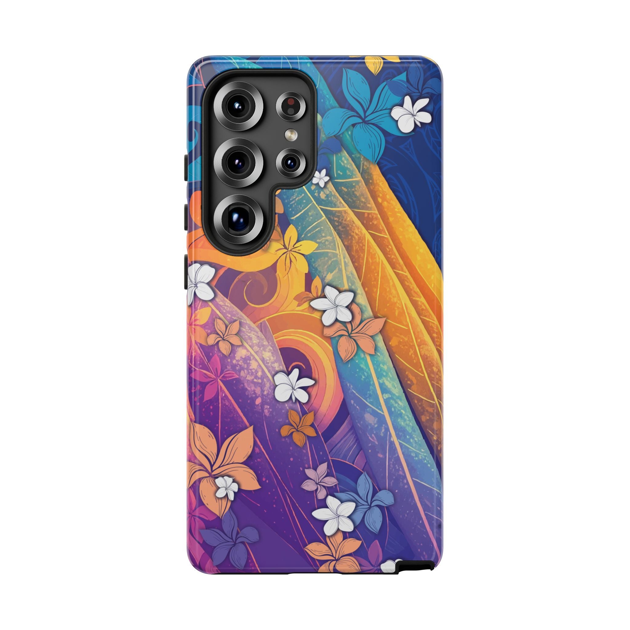 Woman holding Mauna Sunrise Tough Samsung Galaxy Case - Hawaiian Colorful Sunrise Plumeria Design - The Local Banyan