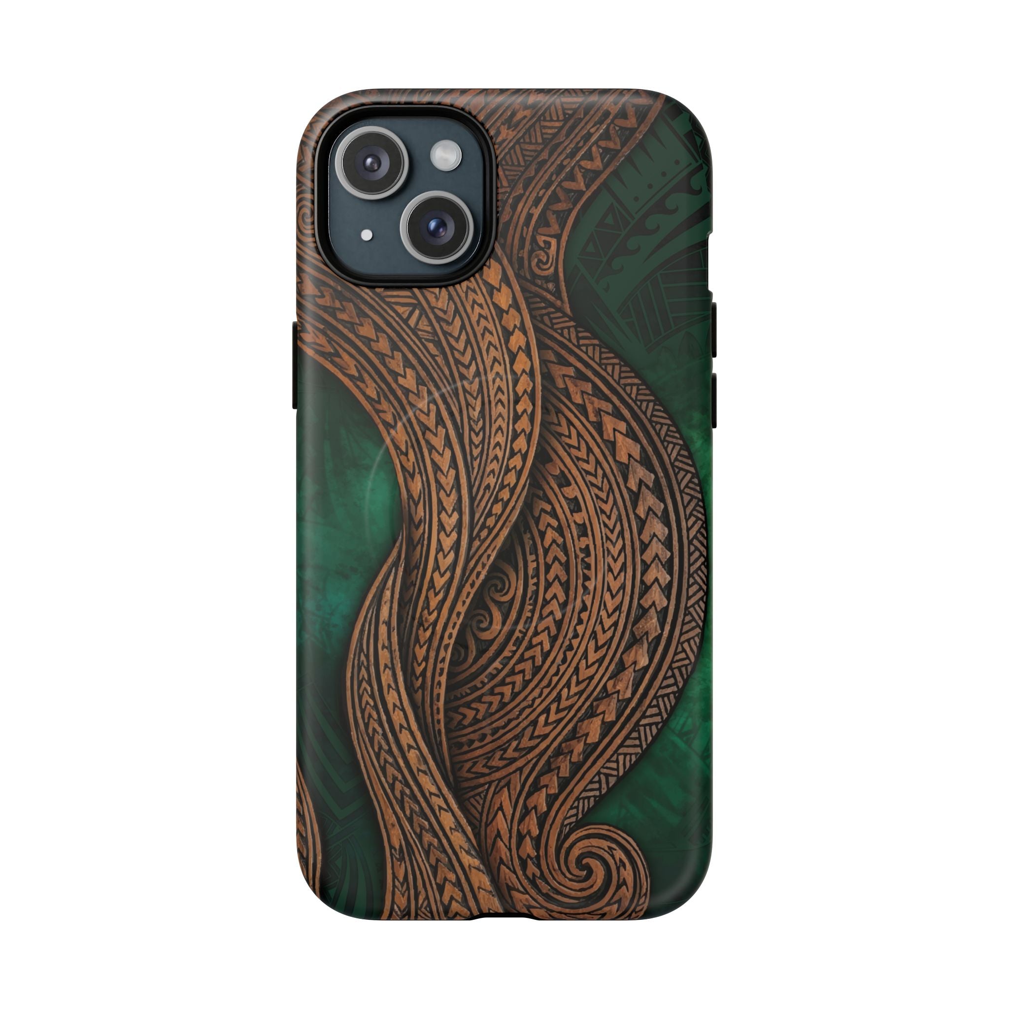 Island Kalai MagSafe iPhone Case iPhone 15 Plus Matte - Hawaiian Carved Wood Grain Emerald Green Tribal Design - The Local Banyan