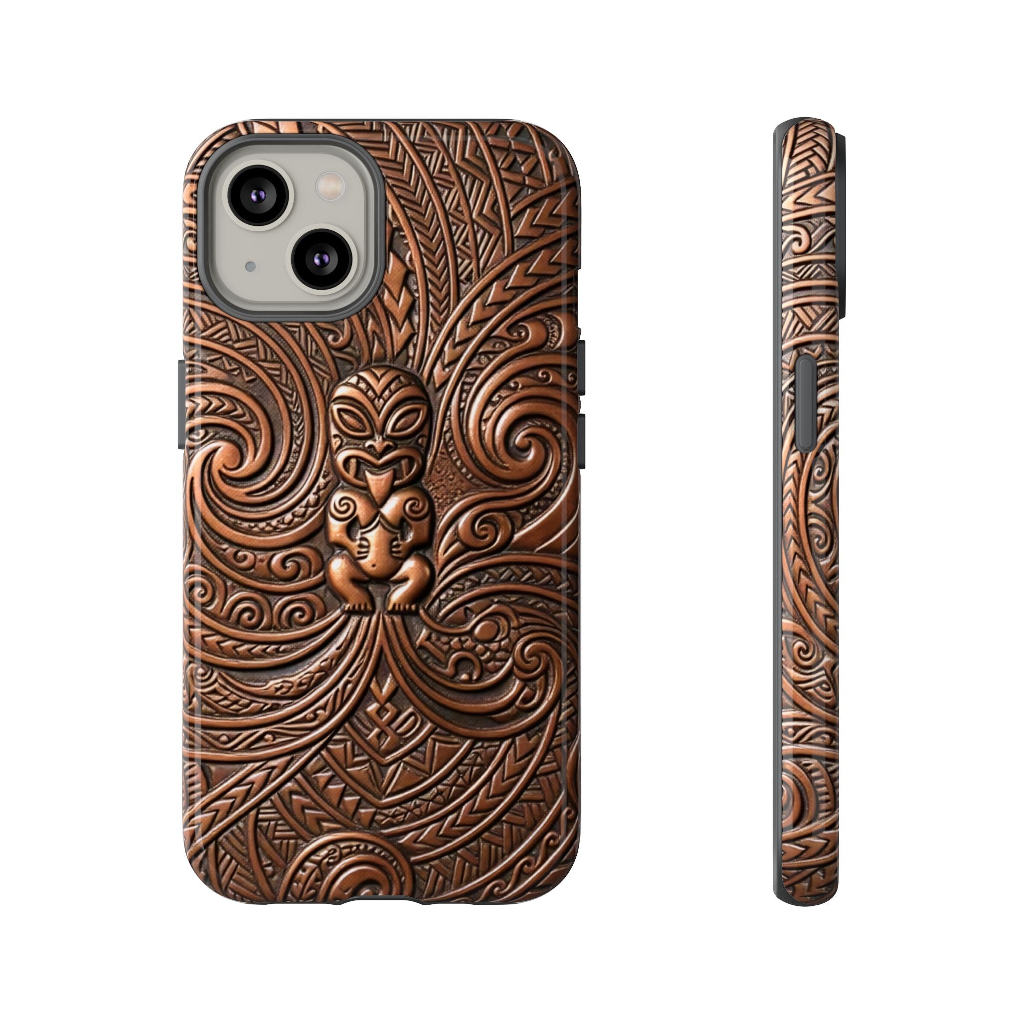 Paa Guardian Tough iPhone Case Detail View - Hawaiian Copper Carved Tiki Polynesian Design Close Up - The Local Banyan