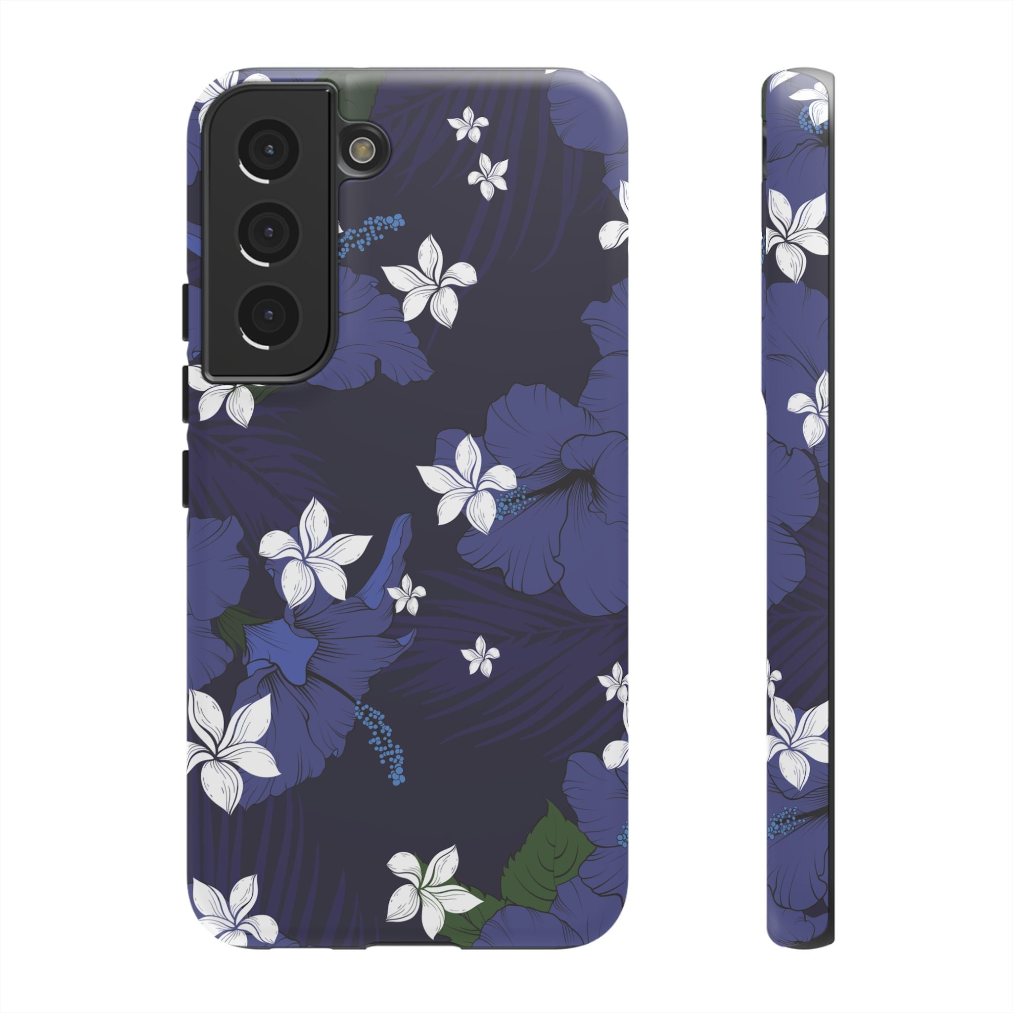 Vintage Blue Tough Samsung Galaxy Case Samsung Galaxy S22 Matte - Hawaiian Indigo Hibiscus White Plumeria Design - The Local Banyan