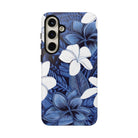Woman holding Eternal Blue Plumeria Tough Samsung Galaxy Case - Hawaiian Blue Plumeria Ocean Floral Design - The Local Banyan