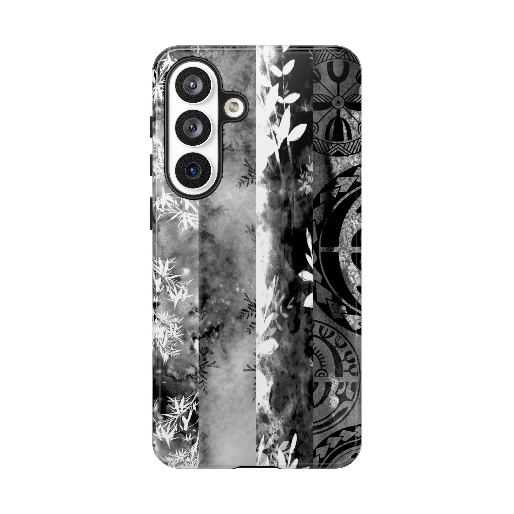 Monochrome Oasis Tough Samsung Galaxy Case Detail View - Hawaiian Black White Botanical Tribal Design Close Up - The Local Banyan
