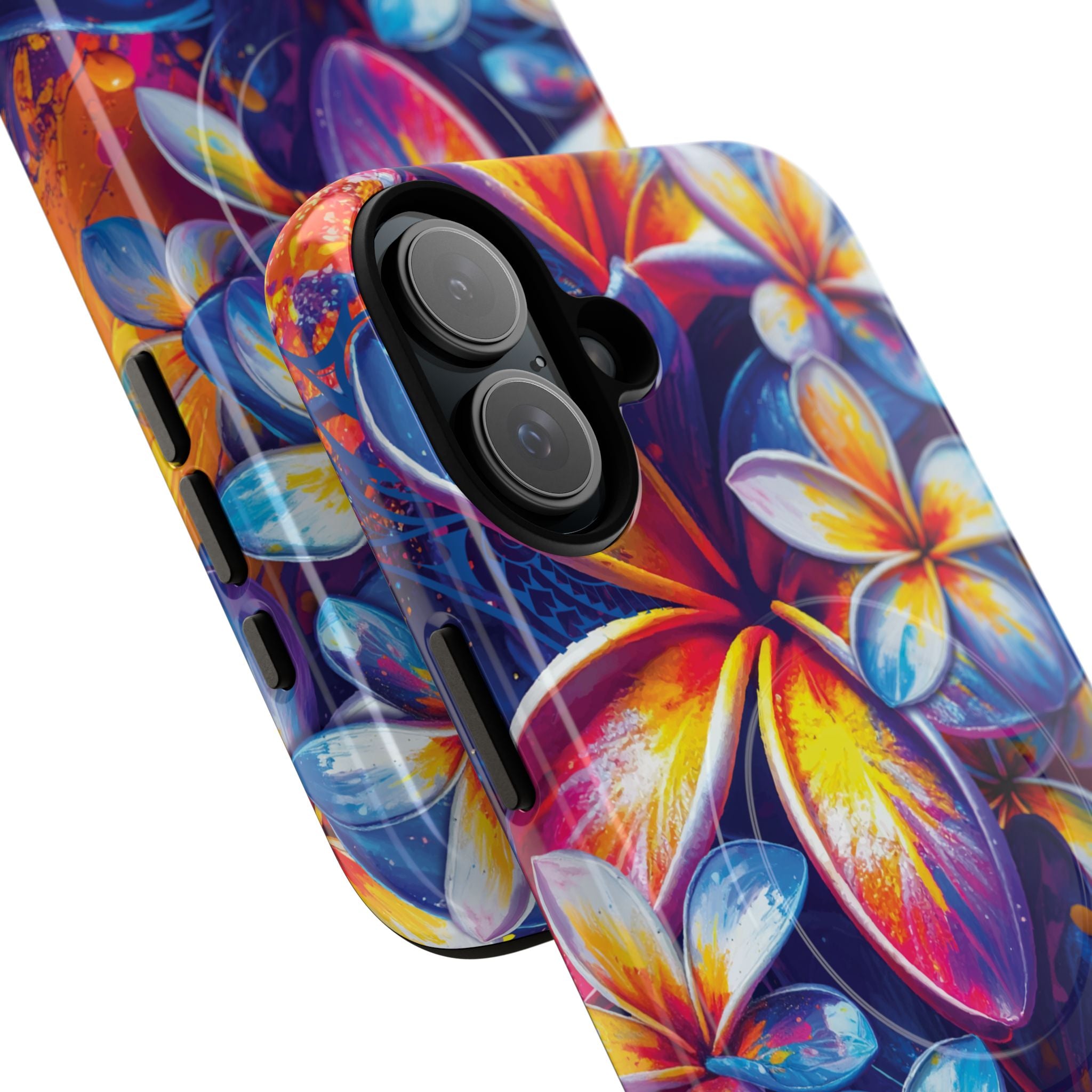 Woman holding Sunset Ink MagSafe iPhone Case - Hawaiian Plumeria Street Art Graffiti Tropical Design - The Local Banyan