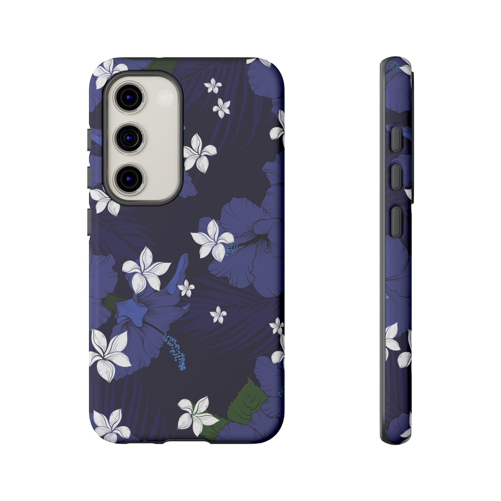 Vintage Blue Tough Samsung Galaxy Case Detail View - Hawaiian Indigo Hibiscus White Plumeria Design Close Up - The Local Banyan