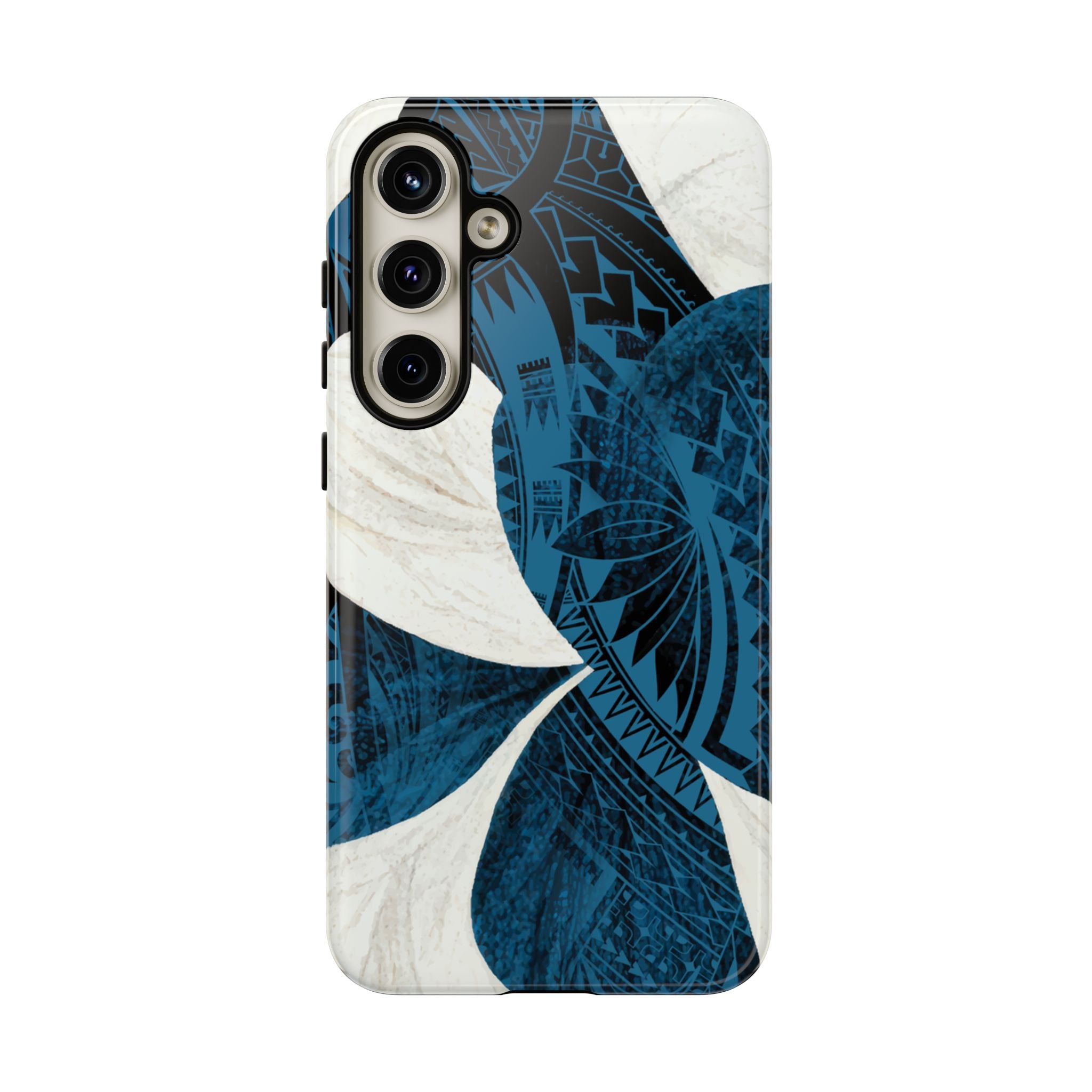 Hana Breeze Tough Samsung Galaxy Case Detail View - Hawaiian Blue Plumeria Polynesian Botanical Design Close Up - The Local Banyan