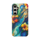 Woman holding Aloalo Drift Tough Samsung Galaxy Case - Hawaiian Hibiscus Teal Ocean Wave Design - The Local Banyan