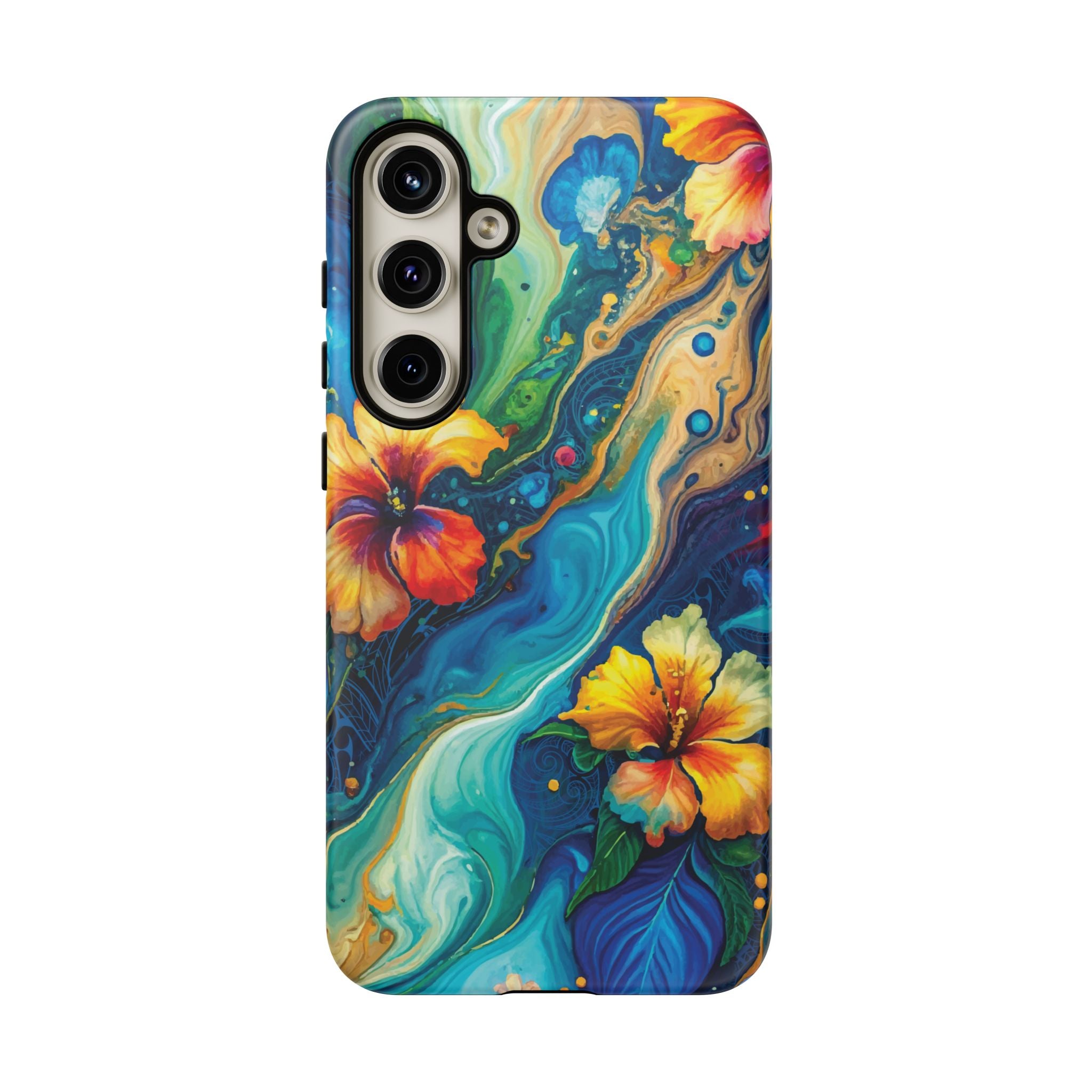Woman holding Aloalo Drift Tough Samsung Galaxy Case - Hawaiian Hibiscus Teal Ocean Wave Design - The Local Banyan