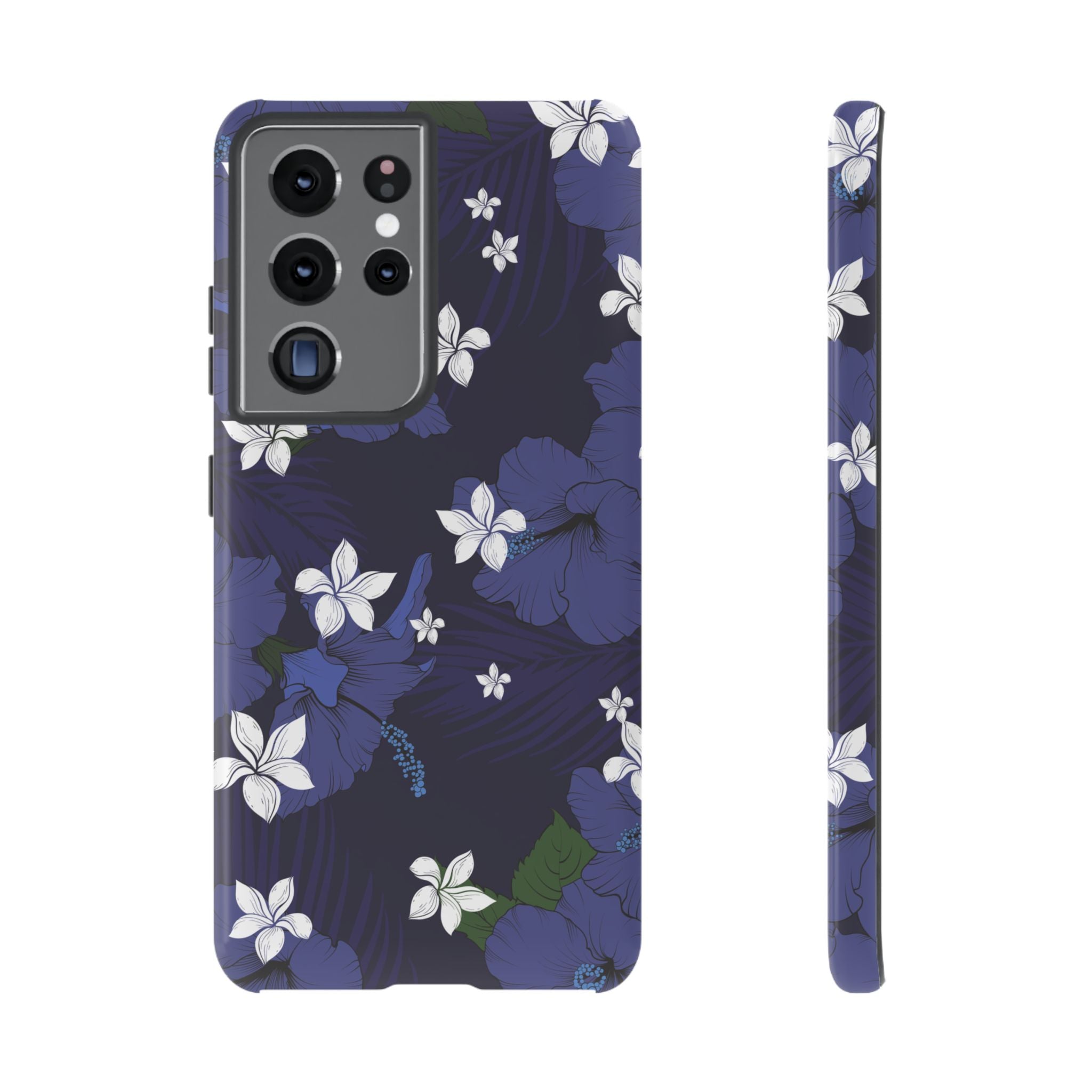 Vintage Blue Tough Samsung Galaxy Case Samsung Galaxy S21 Ultra Glossy - Hawaiian Indigo Hibiscus White Plumeria Design - The Local Banyan