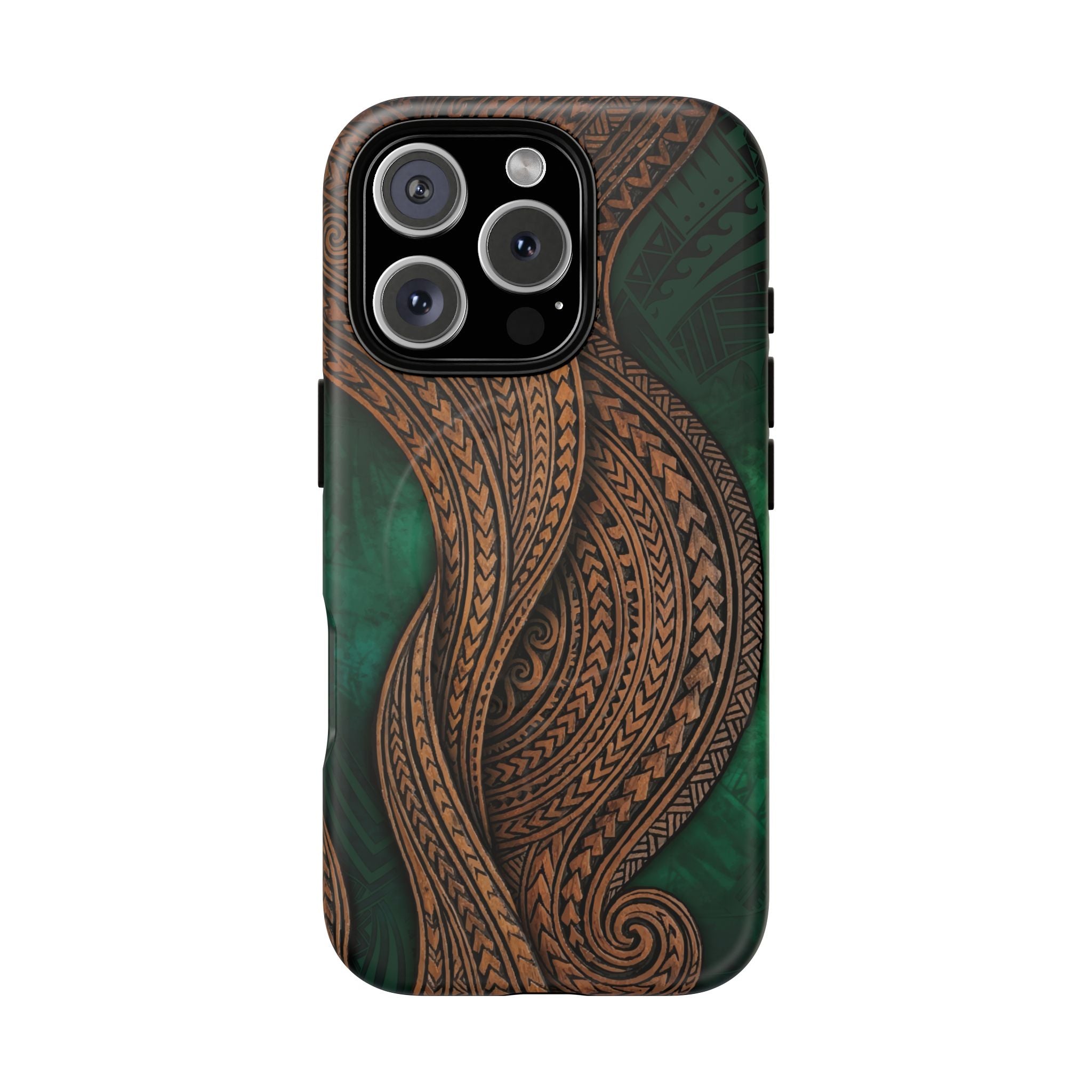 Island Kalai MagSafe iPhone Case iPhone 16 Pro Matte - Hawaiian Carved Wood Grain Emerald Green Tribal Design - The Local Banyan