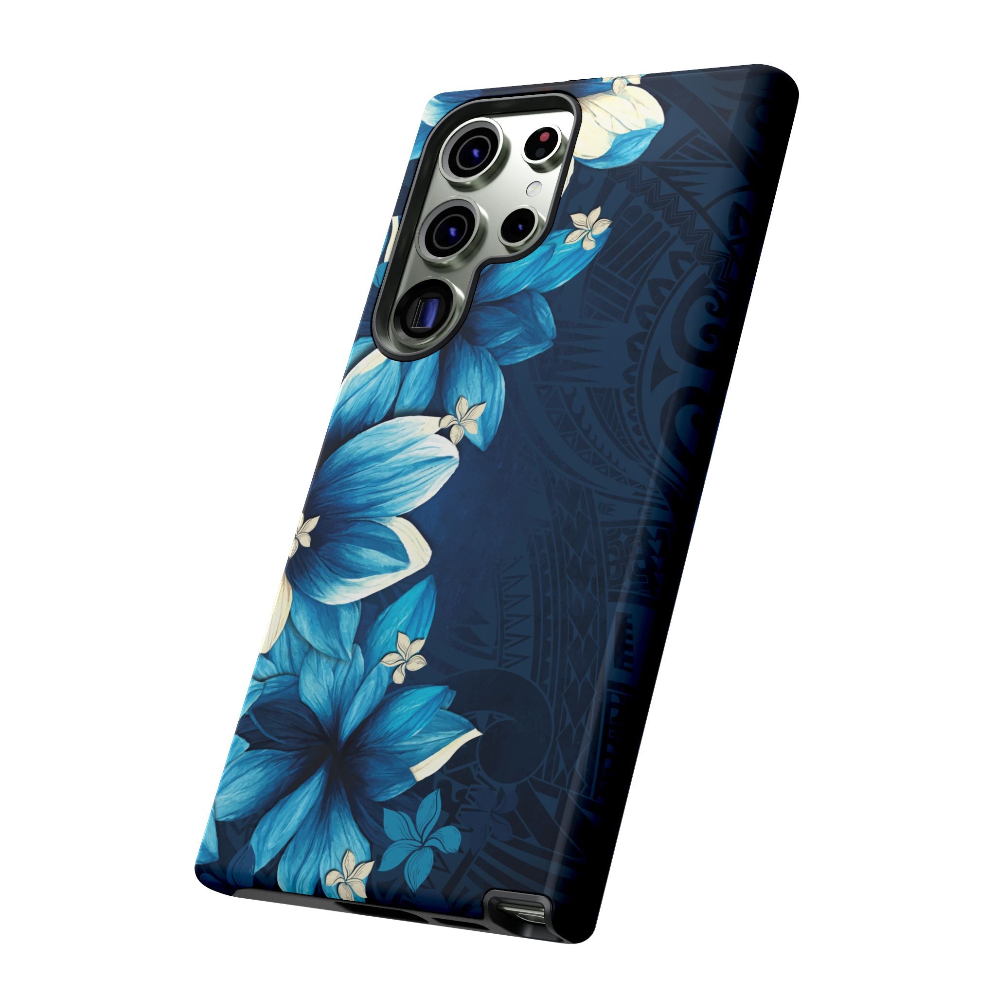 Woman holding Leilani Nights Tough Samsung Galaxy Case - Hawaiian Dark Blue Floral Polynesian Design - The Local Banyan