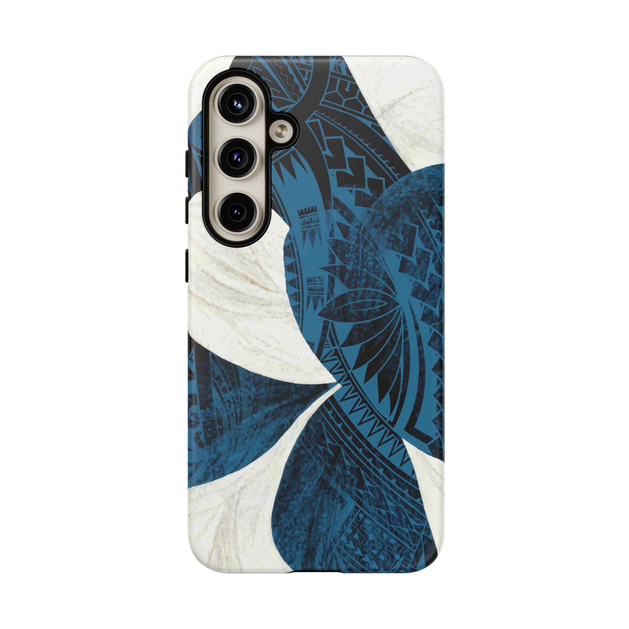Woman holding Hana Breeze Tough Samsung Galaxy Case - Hawaiian Blue Plumeria Polynesian Botanical Design - The Local Banyan