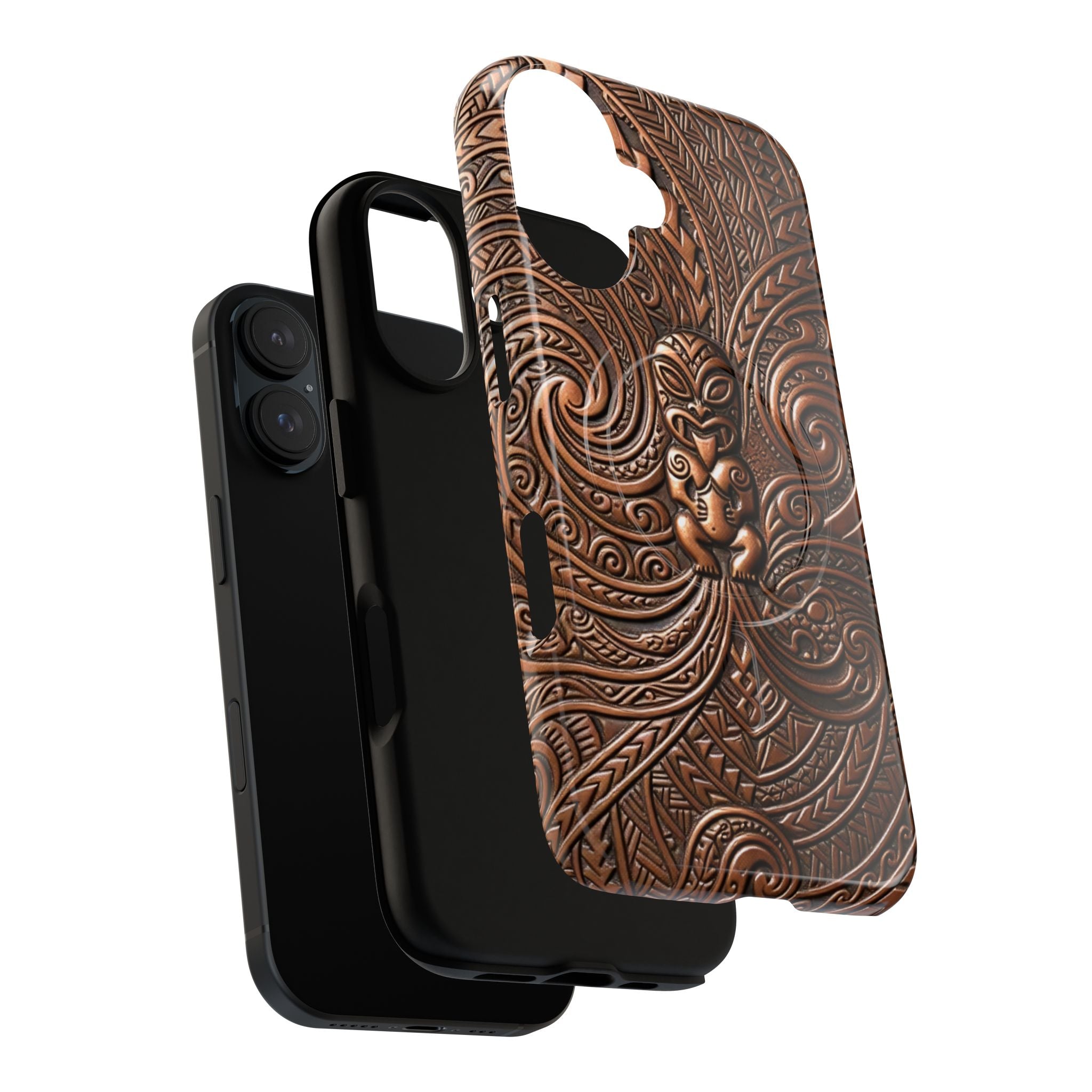 Woman holding Paa Guardian MagSafe iPhone Case - Hawaiian Copper Carved Tiki Polynesian Design - The Local Banyan