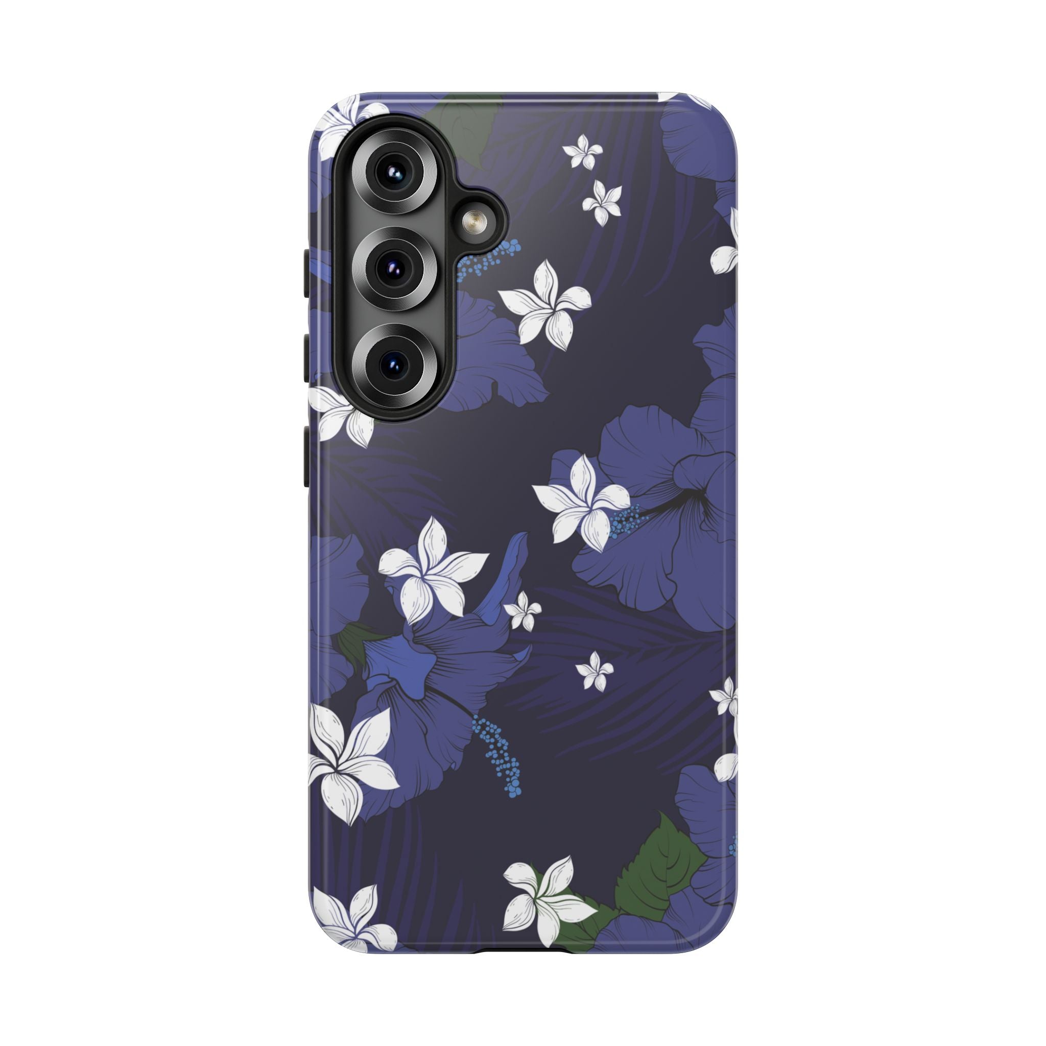 Vintage Blue Tough Samsung Galaxy Case Detail View - Hawaiian Indigo Hibiscus White Plumeria Design Close Up - The Local Banyan