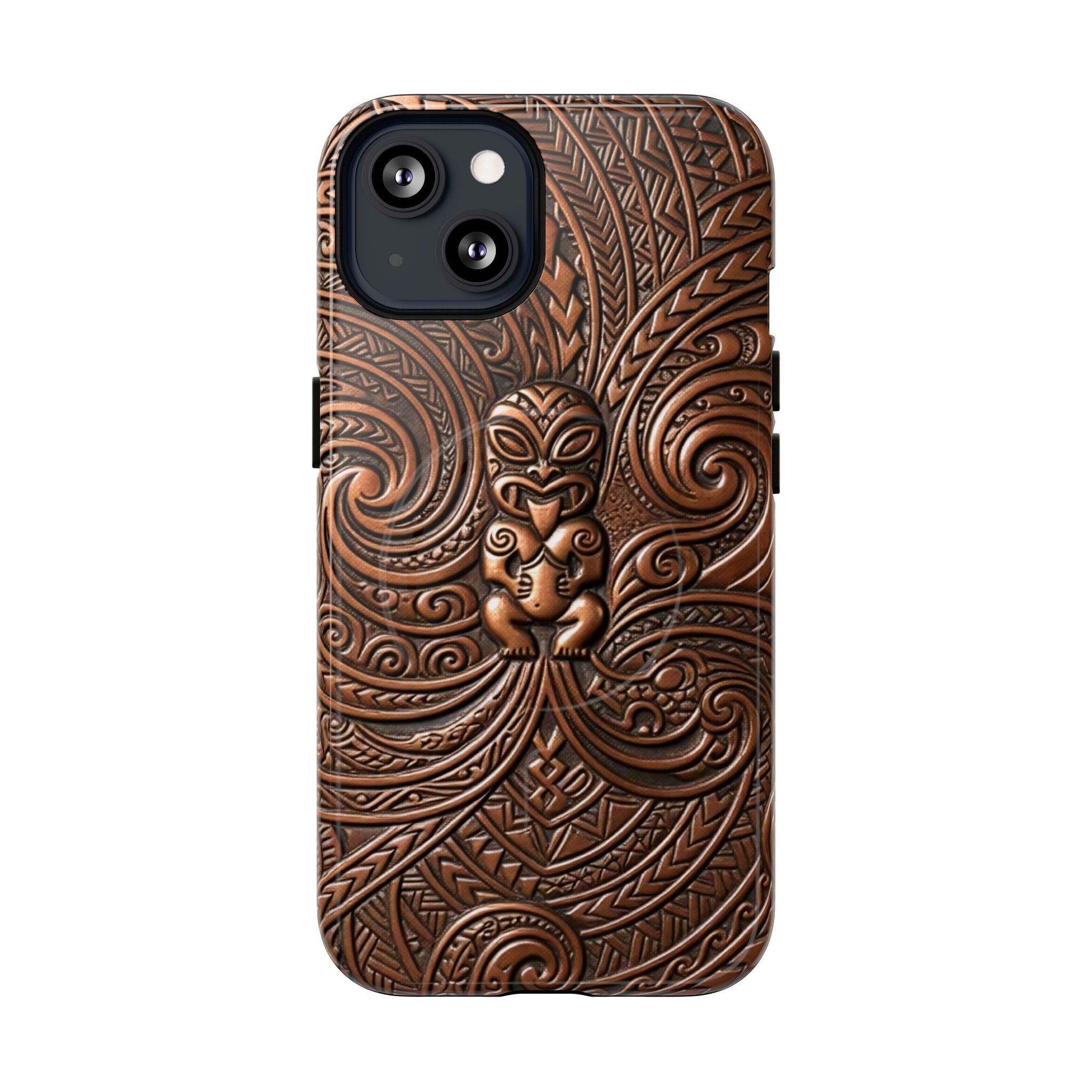 Paa Guardian MagSafe iPhone Case Detail View - Hawaiian Copper Carved Tiki Polynesian Design Close Up - The Local Banyan