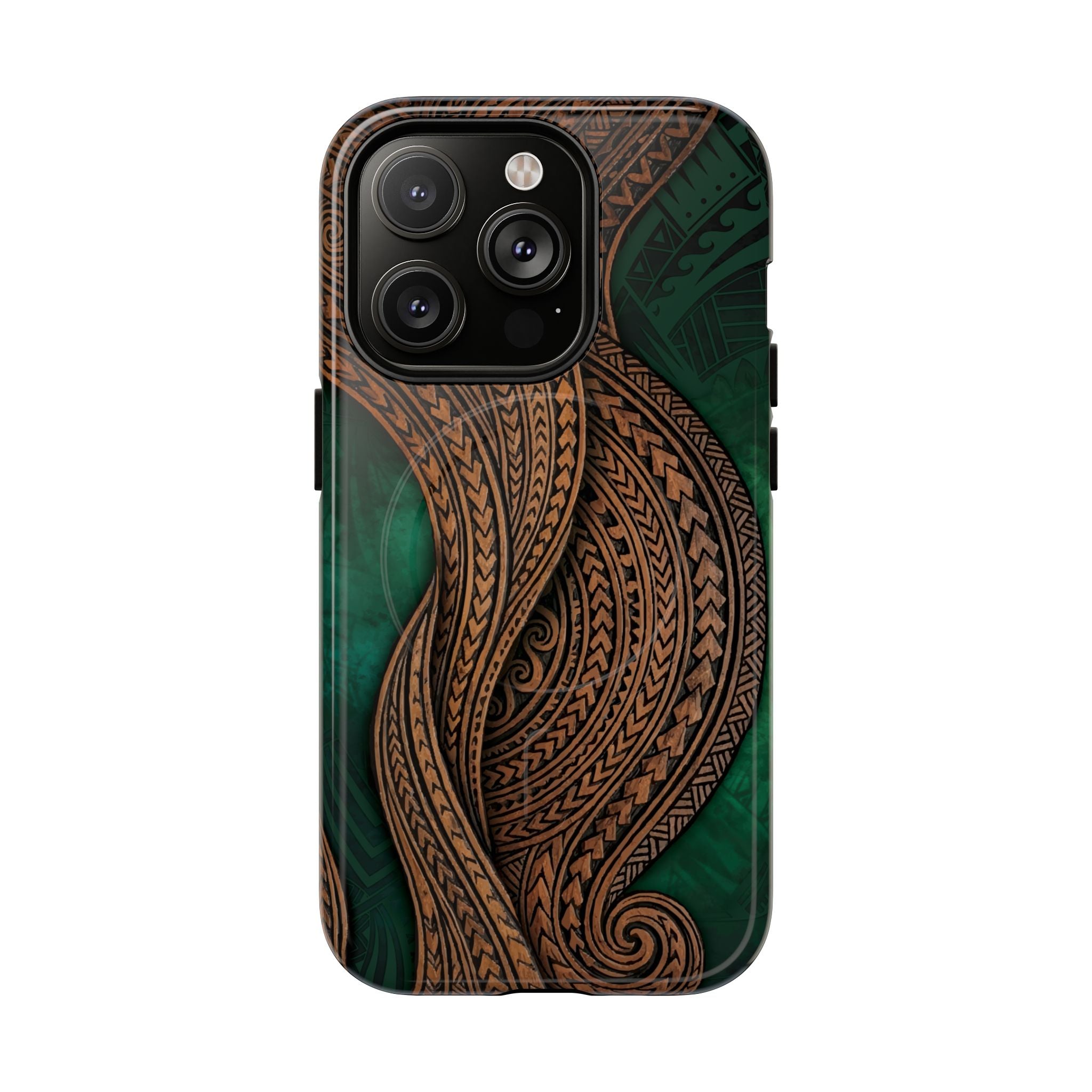 Island Kalai MagSafe iPhone Case iPhone 14 Pro Glossy - Hawaiian Carved Wood Grain Emerald Green Tribal Design - The Local Banyan
