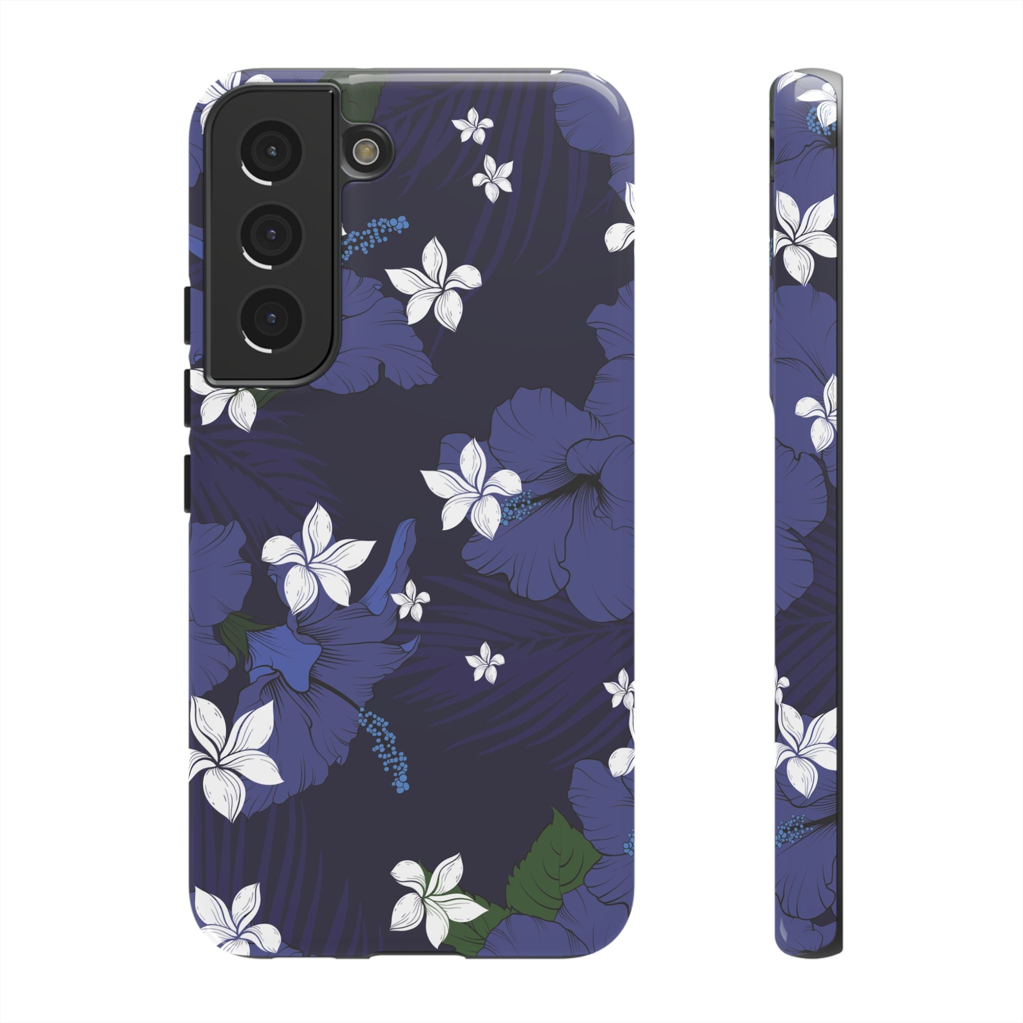 Vintage Blue Tough Samsung Galaxy Case Samsung Galaxy S22 Glossy - Hawaiian Indigo Hibiscus White Plumeria Design - The Local Banyan