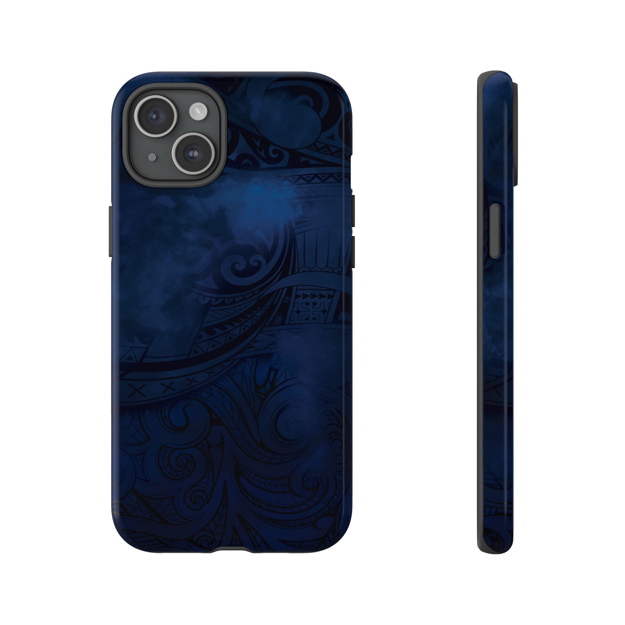 Woman holding Midnight Essence Tough iPhone Case - Hawaiian Midnight Navy Polynesian Tribal Design - The Local Banyan