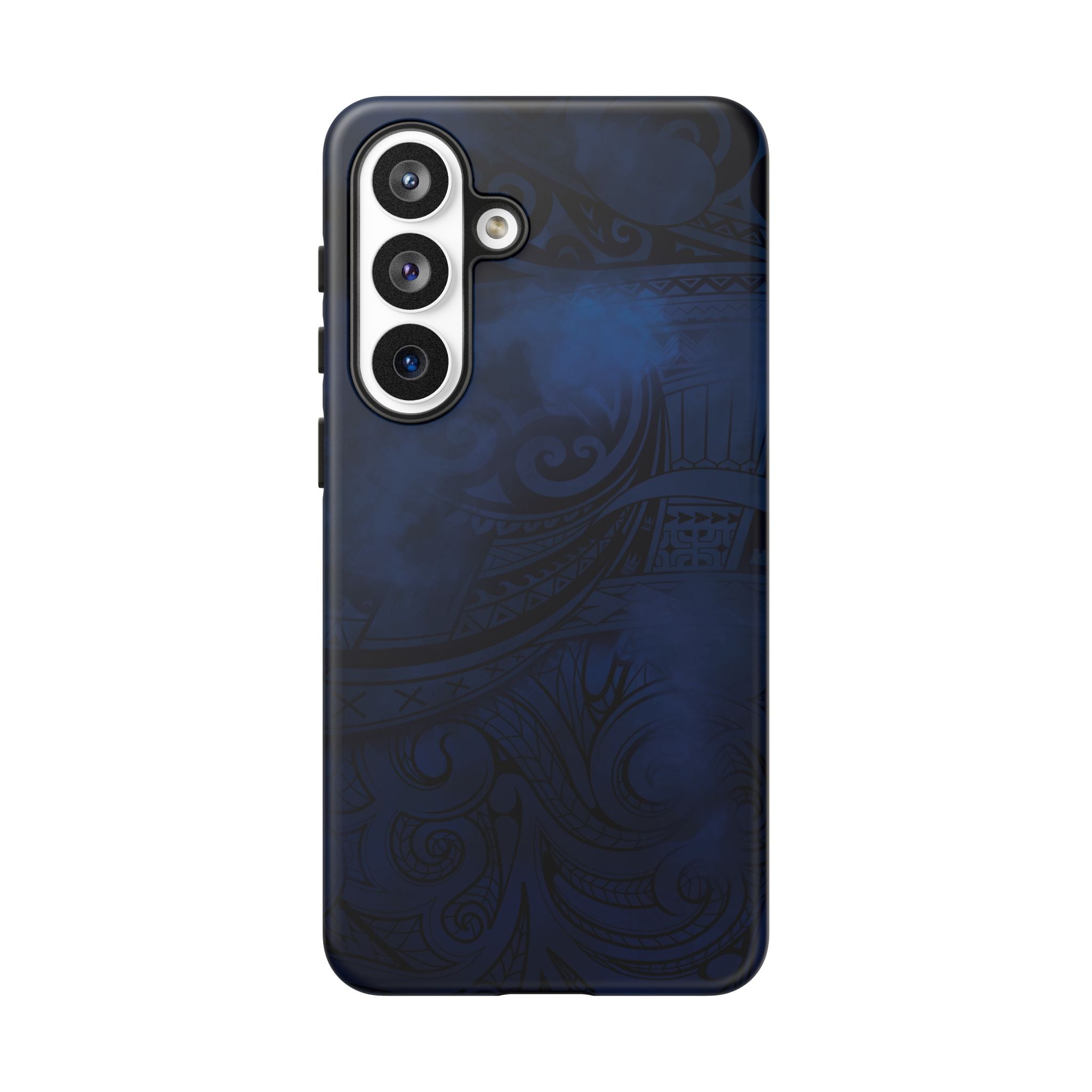 Woman holding Midnight Essence Tough Samsung Galaxy Case - Hawaiian Midnight Navy Polynesian Tribal Design - The Local Banyan