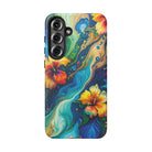Aloalo Drift Tough Samsung Galaxy Case Detail View - Hawaiian Hibiscus Teal Ocean Wave Design Close Up - The Local Banyan