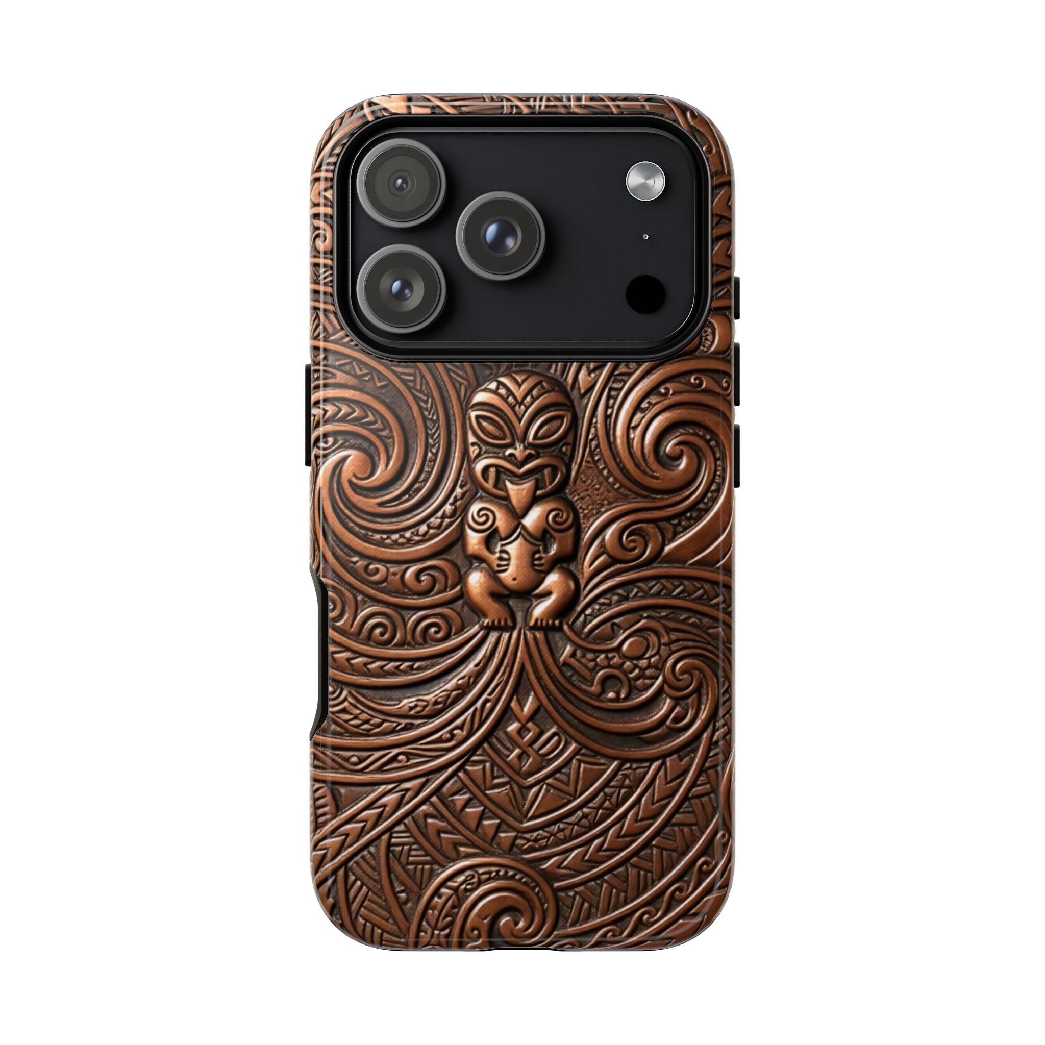 Paa Guardian Tough iPhone Case Detail View - Hawaiian Copper Carved Tiki Polynesian Design Close Up - The Local Banyan