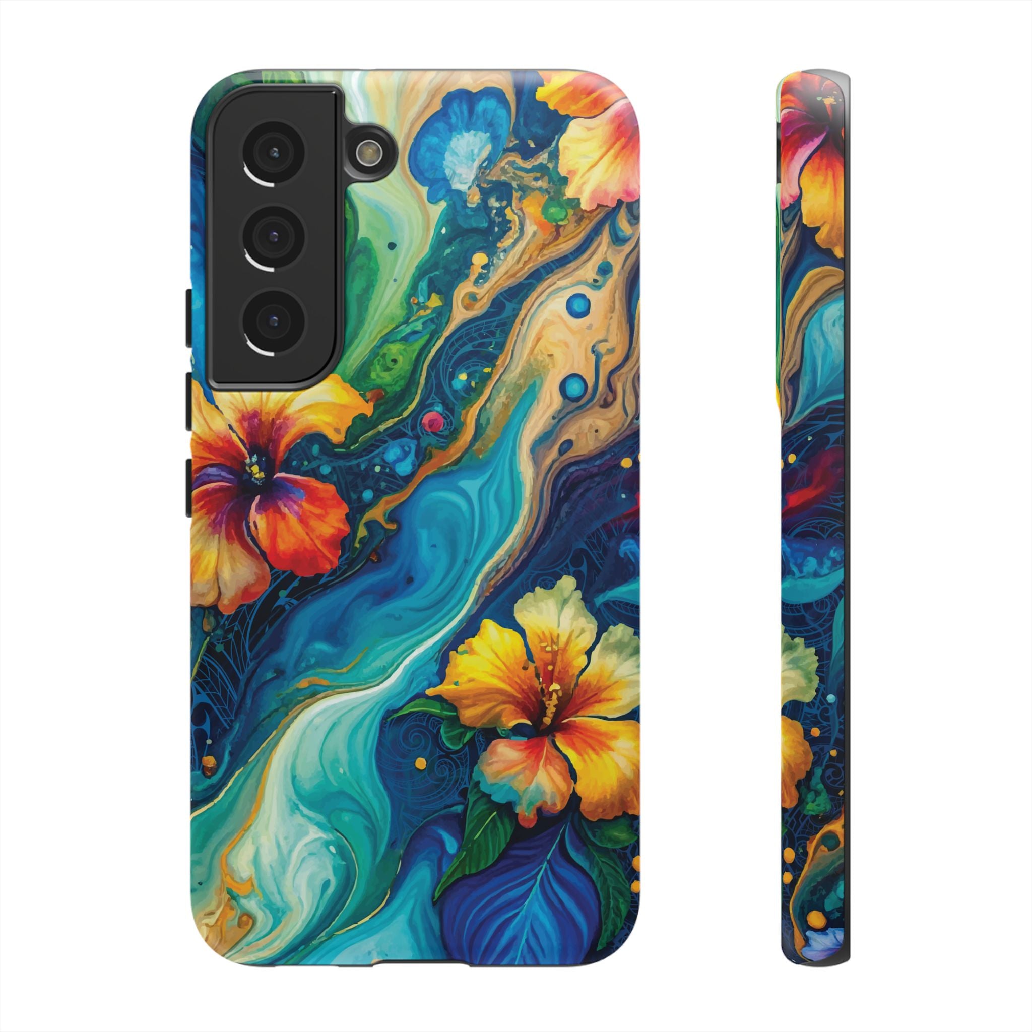 Aloalo Drift Tough Samsung Galaxy Case Samsung Galaxy S22 Matte - Hawaiian Hibiscus Teal Ocean Wave Design - The Local Banyan