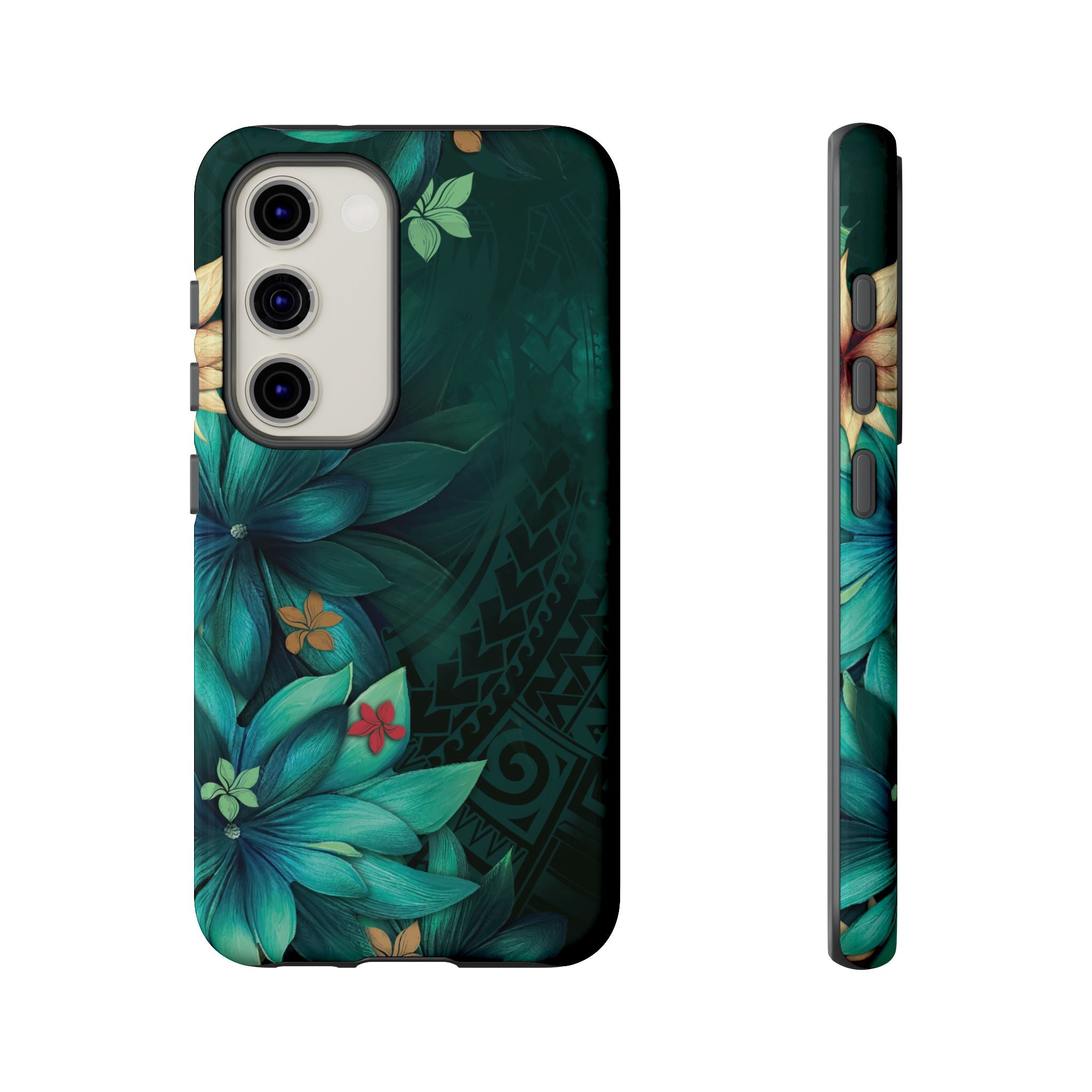 Woman holding Aloha Whispers Tough Samsung Galaxy Case - Hawaiian Abstract Green Floral Polynesian Design - The Local Banyan