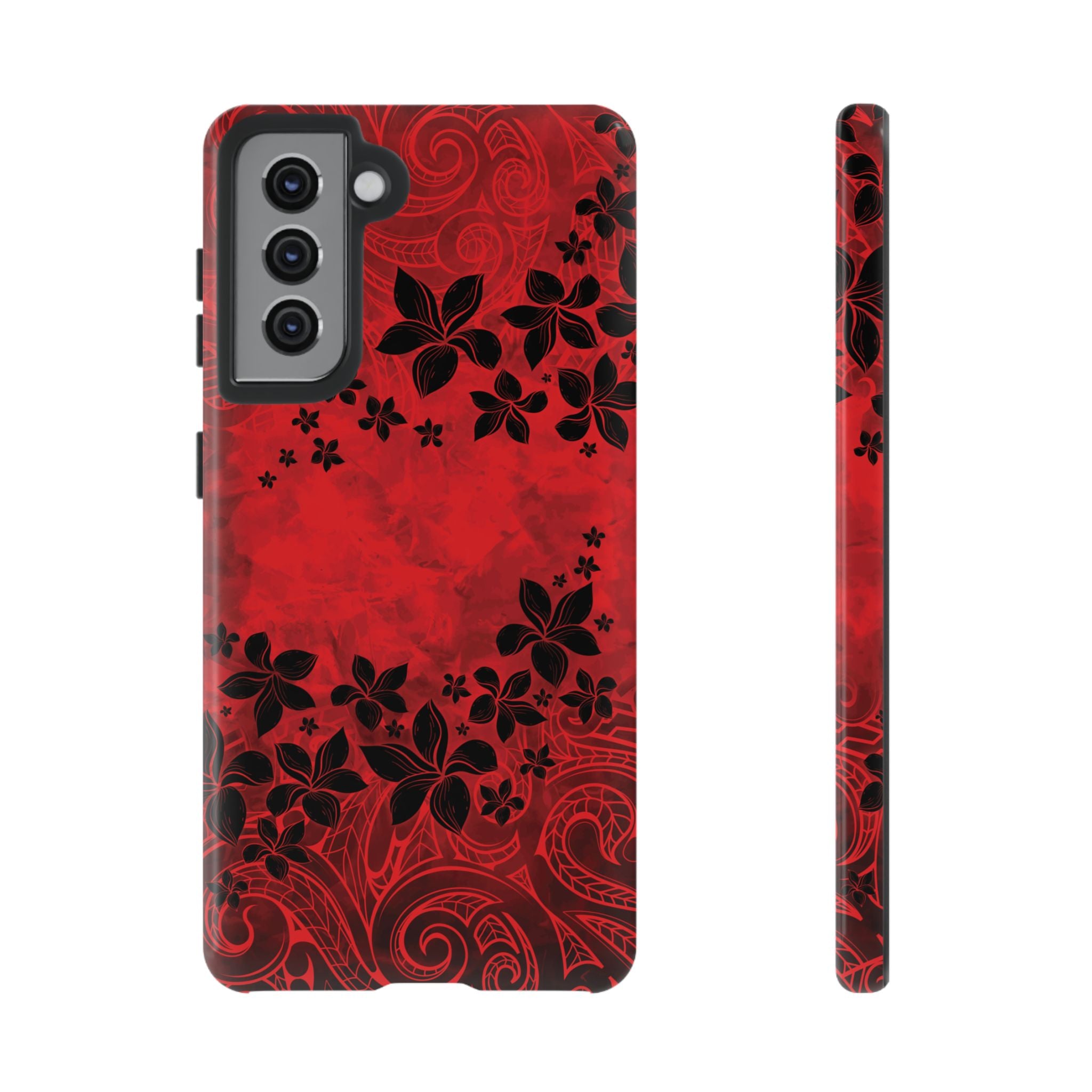 Keahi Pua Tough Samsung Galaxy Case Detail View - Hawaiian Fire Flower Red Tribal Floral Design Close Up - The Local Banyan
