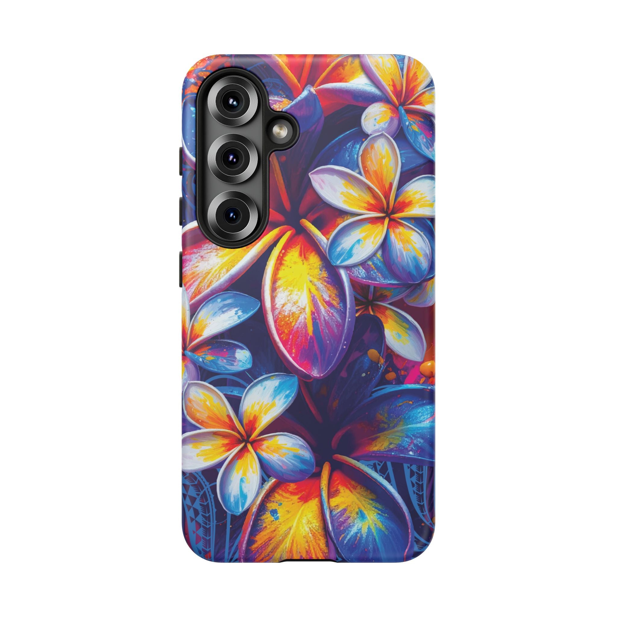 Woman holding Sunset Ink Tough Samsung Galaxy Case - Hawaiian Plumeria Street Art Graffiti Tropical Design - The Local Banyan