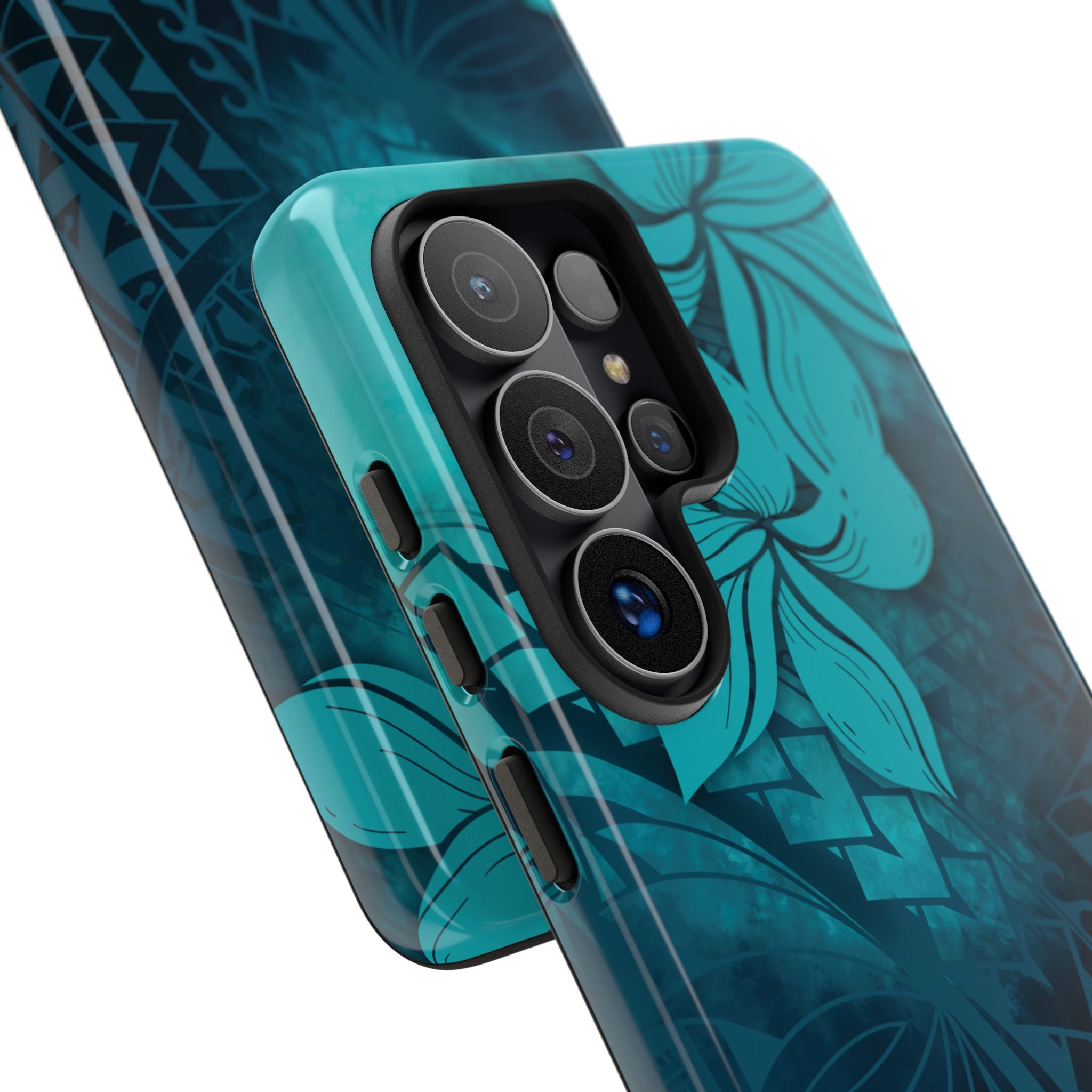 Moana Bloom Tough Samsung Galaxy Case Detail View - Hawaiian Teal Plumeria Ocean Tribal Design Close Up - The Local Banyan
