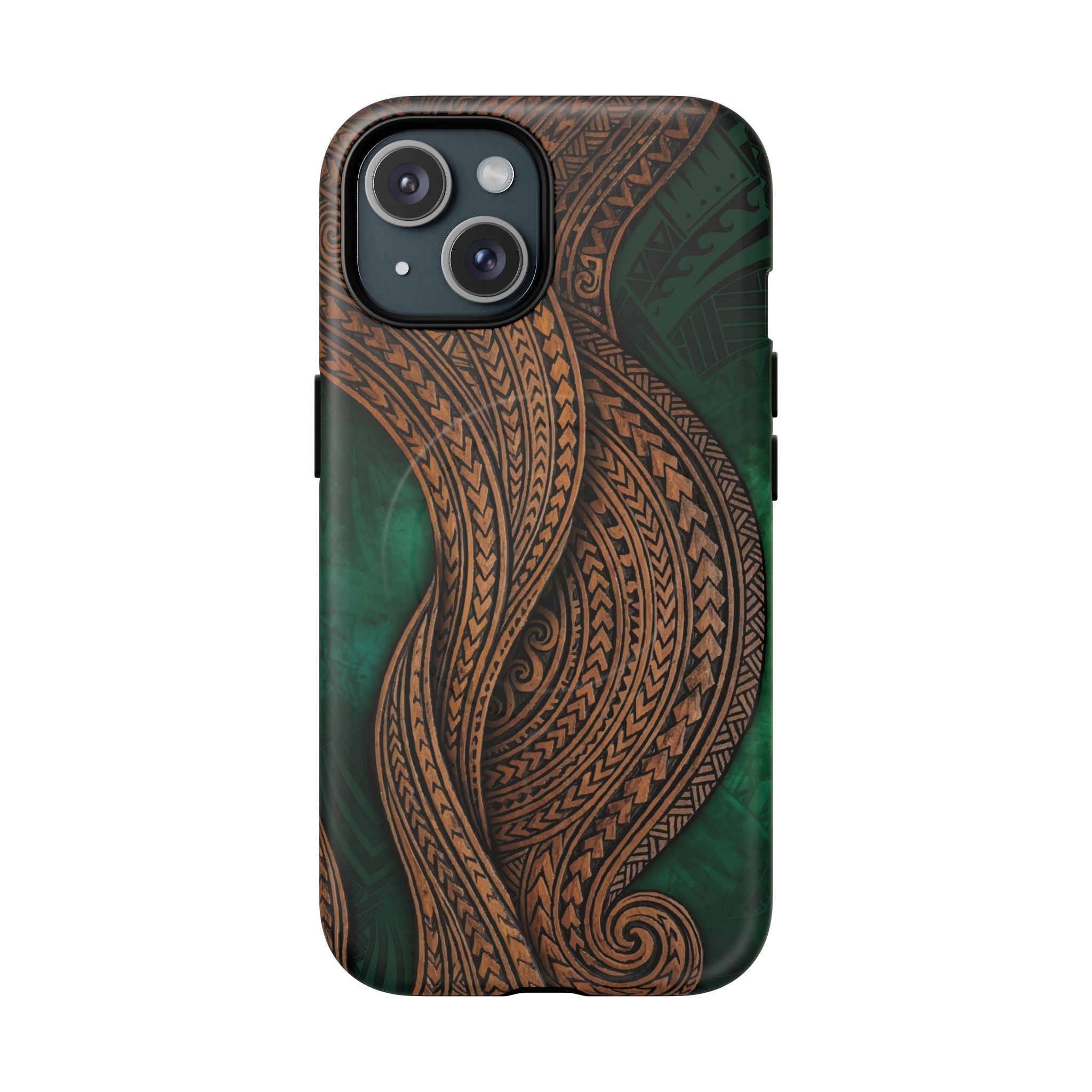 Island Kalai MagSafe iPhone Case iPhone 15 Matte - Hawaiian Carved Wood Grain Emerald Green Tribal Design - The Local Banyan