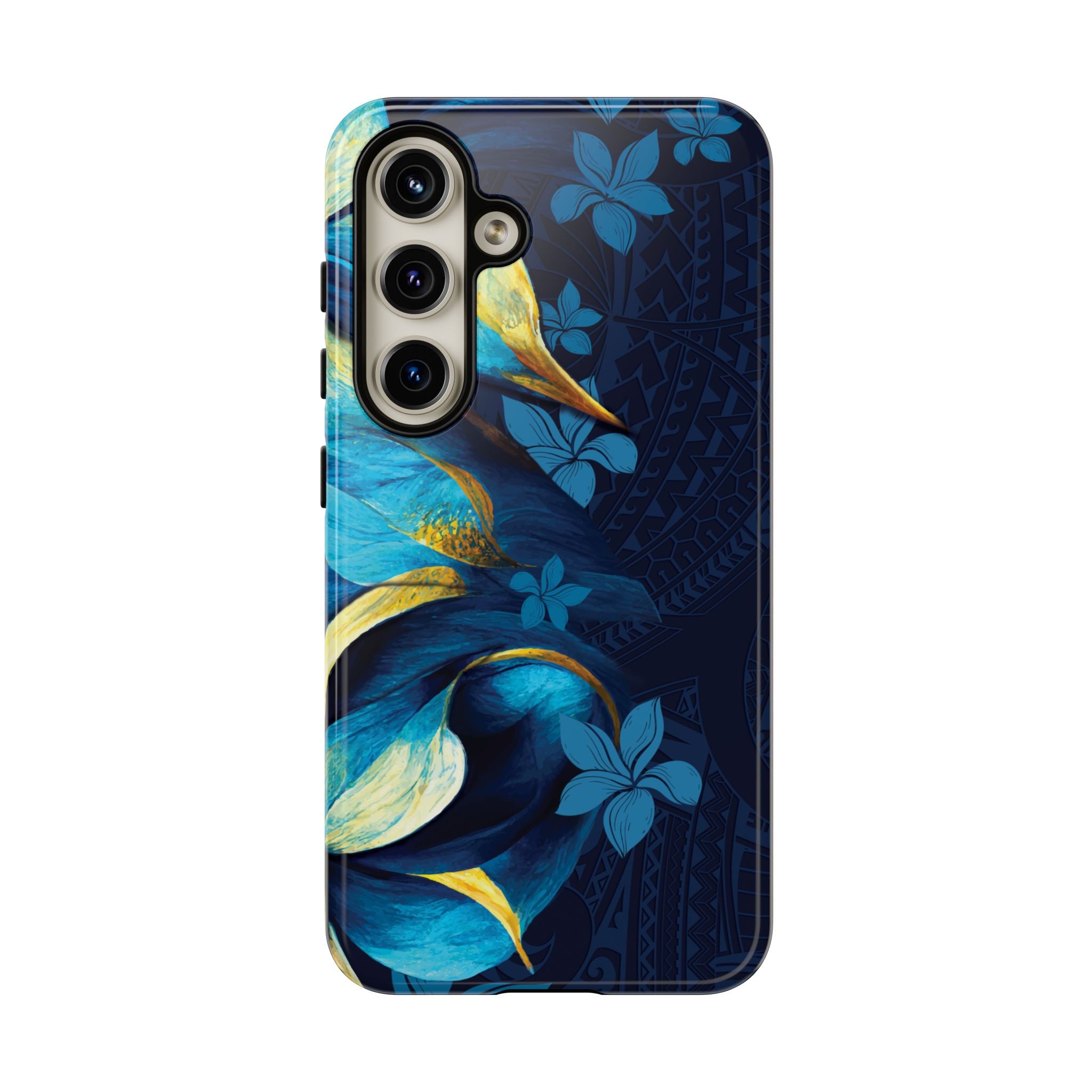 Woman holding Po Mahina Tough Samsung Galaxy Case - Hawaiian Moonlit Teal Gold Floral Design - The Local Banyan