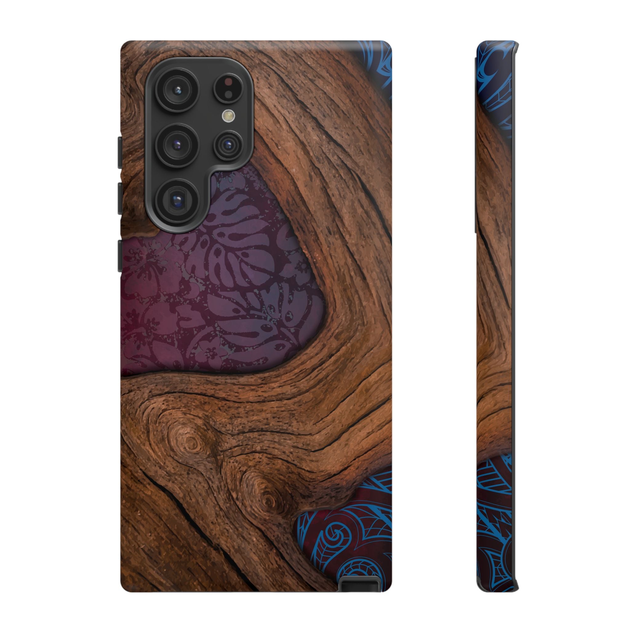 Woman holding Rooted Tough Samsung Galaxy Case - Hawaiian Koa Wood Island Strength Tribal Design - The Local Banyan