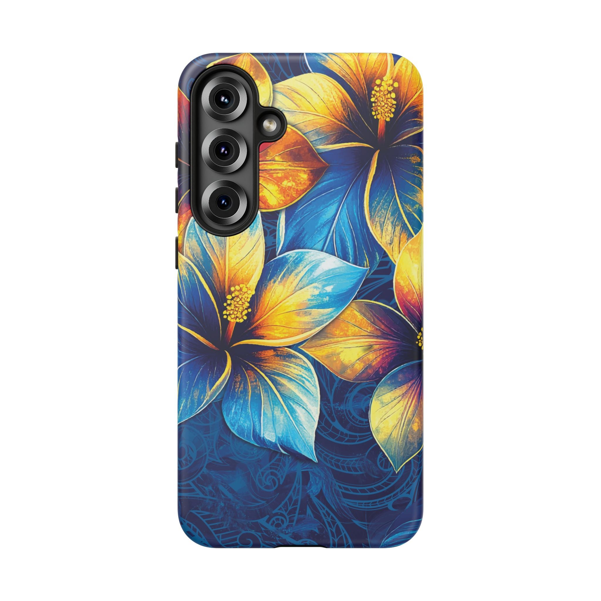 Woman holding Pua La Tough Samsung Galaxy Case - Hawaiian Golden Hibiscus Sun Flower Sapphire Design - The Local Banyan