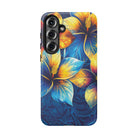 Woman holding Pua La Tough Samsung Galaxy Case - Hawaiian Golden Hibiscus Sun Flower Sapphire Design - The Local Banyan