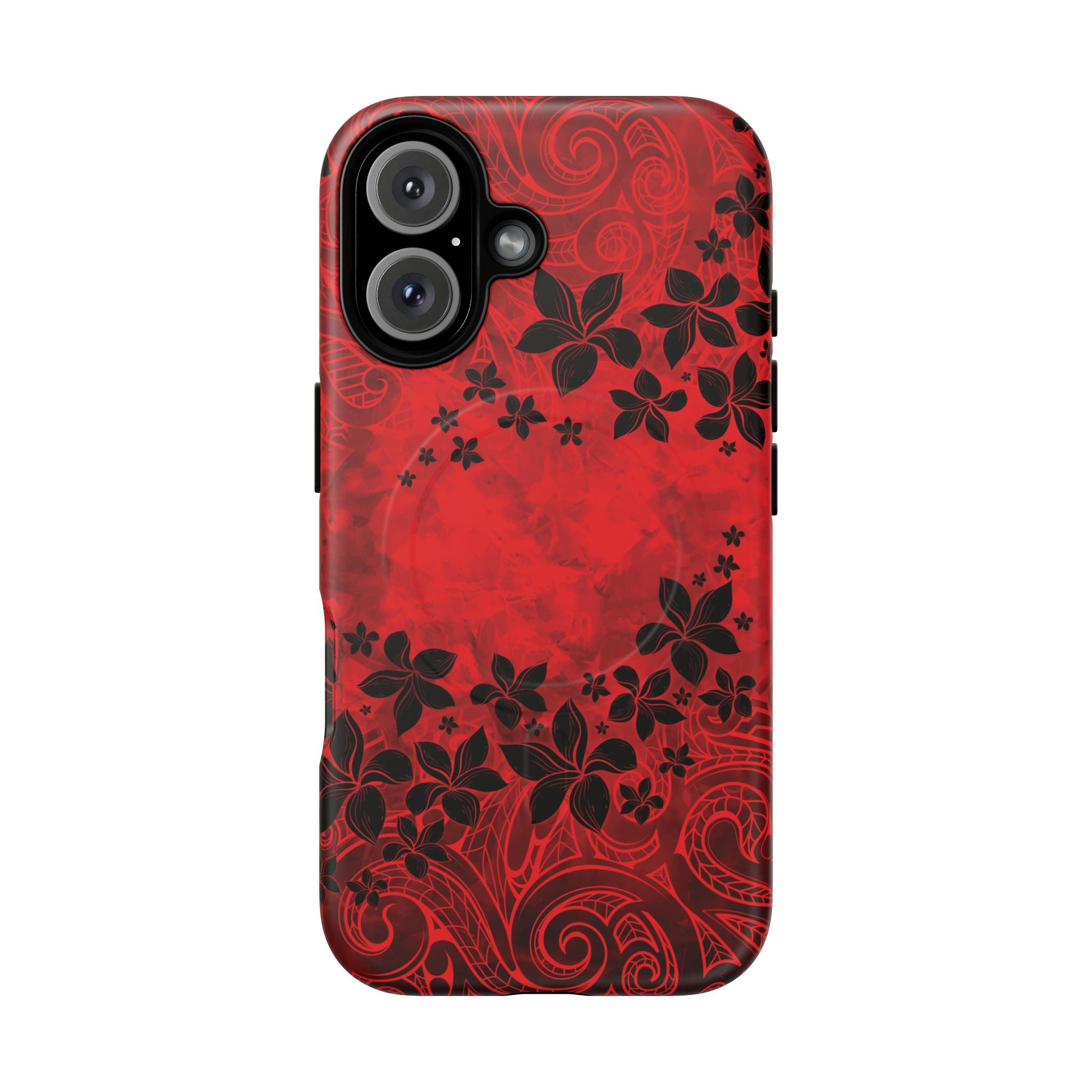 Woman holding Keahi Pua MagSafe iPhone Case - Hawaiian Fire Flower Red Tribal Floral Design - The Local Banyan