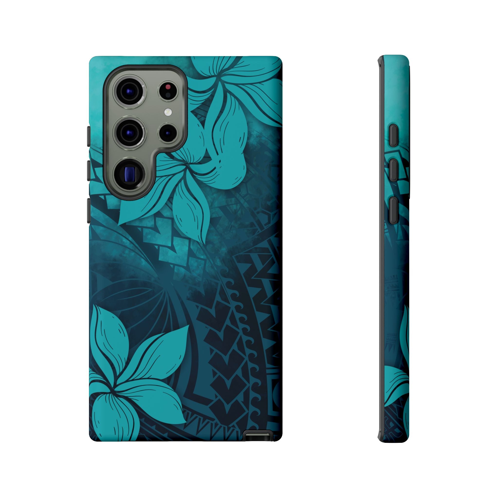Woman holding Moana Bloom Tough Samsung Galaxy Case - Hawaiian Teal Plumeria Ocean Tribal Design - The Local Banyan