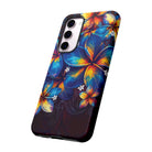 Woman holding Nohea Twilight Tough Samsung Galaxy Case - Hawaiian Blue Orange Plumeria Twilight Design - The Local Banyan
