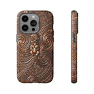 Paa Guardian Tough iPhone Case Detail View - Hawaiian Copper Carved Tiki Polynesian Design Close Up - The Local Banyan