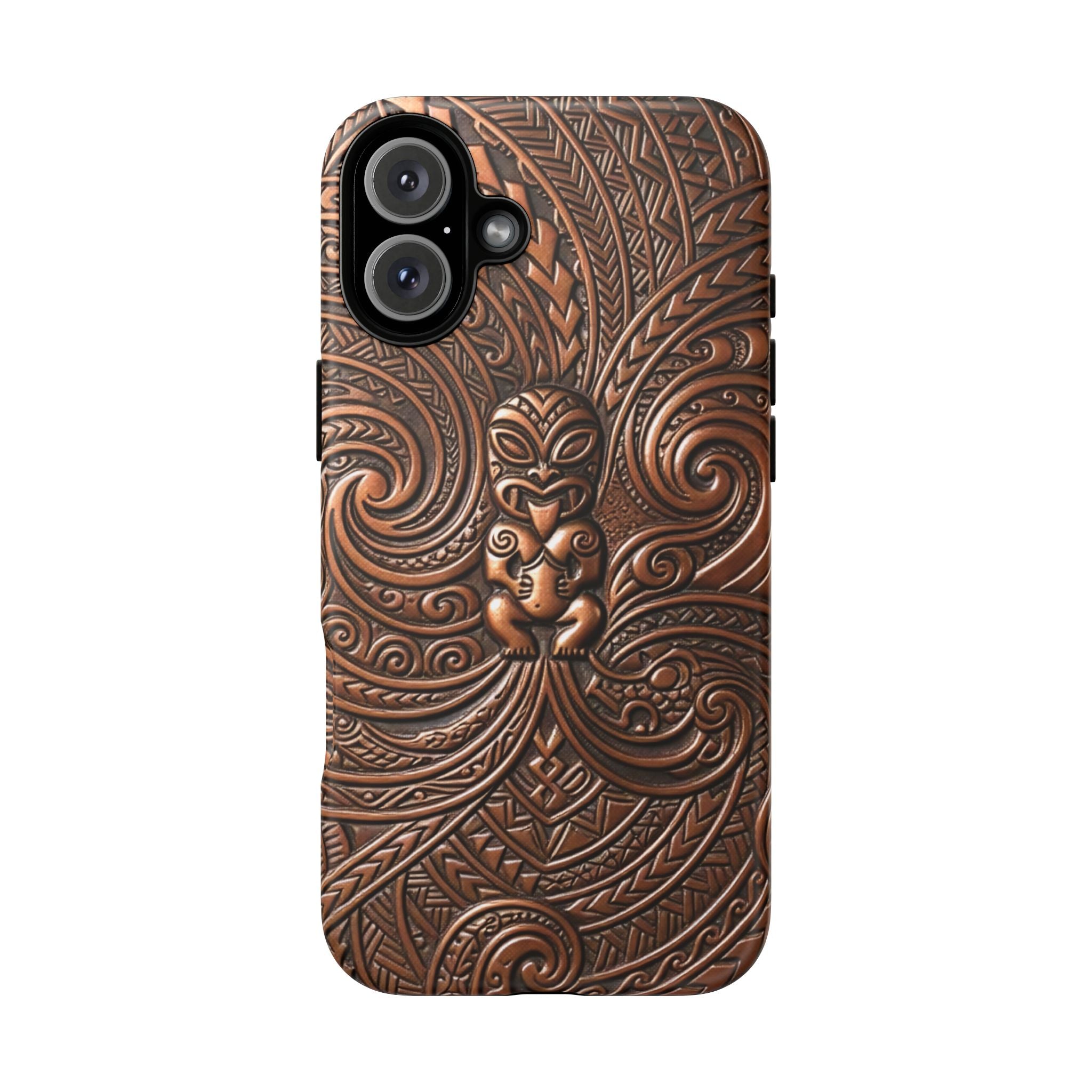 Woman holding Paa Guardian Tough iPhone Case - Hawaiian Copper Carved Tiki Polynesian Design - The Local Banyan
