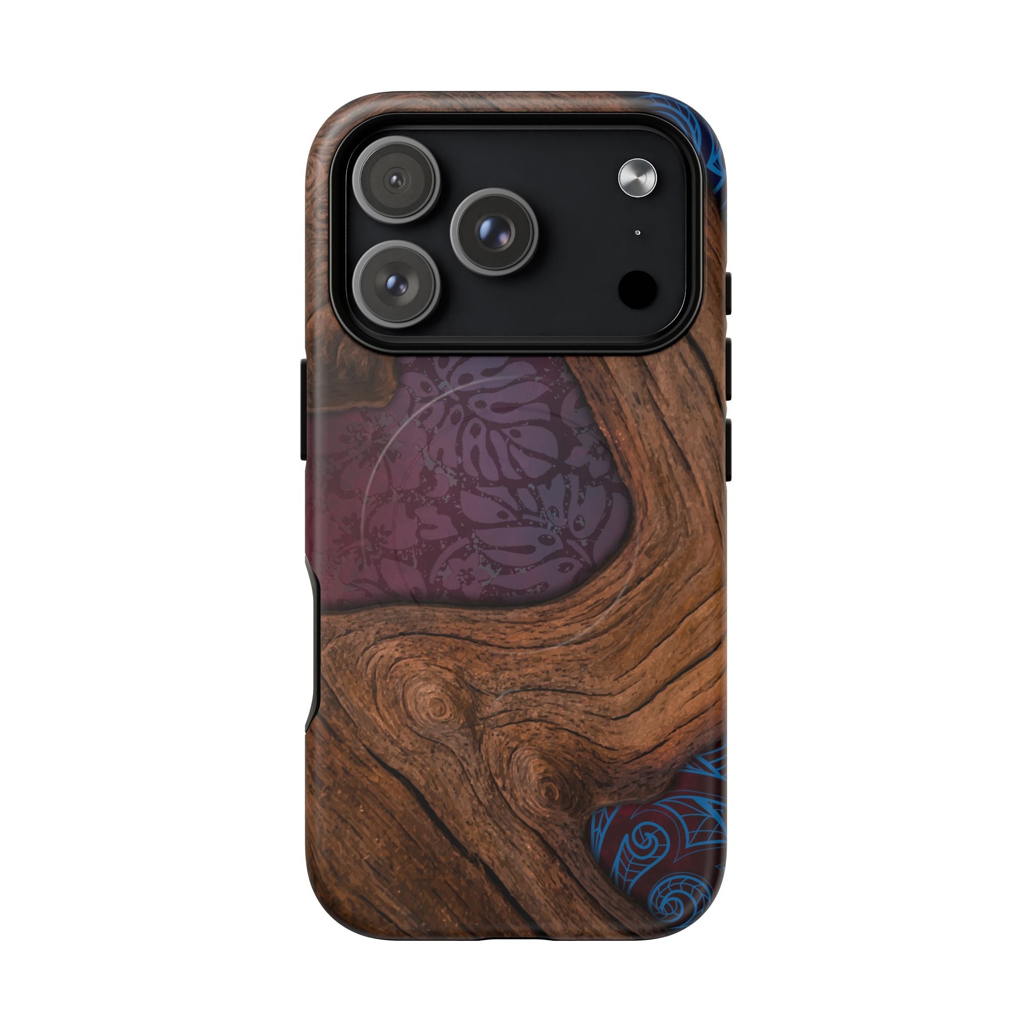 Rooted MagSafe iPhone Case Detail View - Hawaiian Koa Wood Island Strength Tribal Design Close Up - The Local Banyan