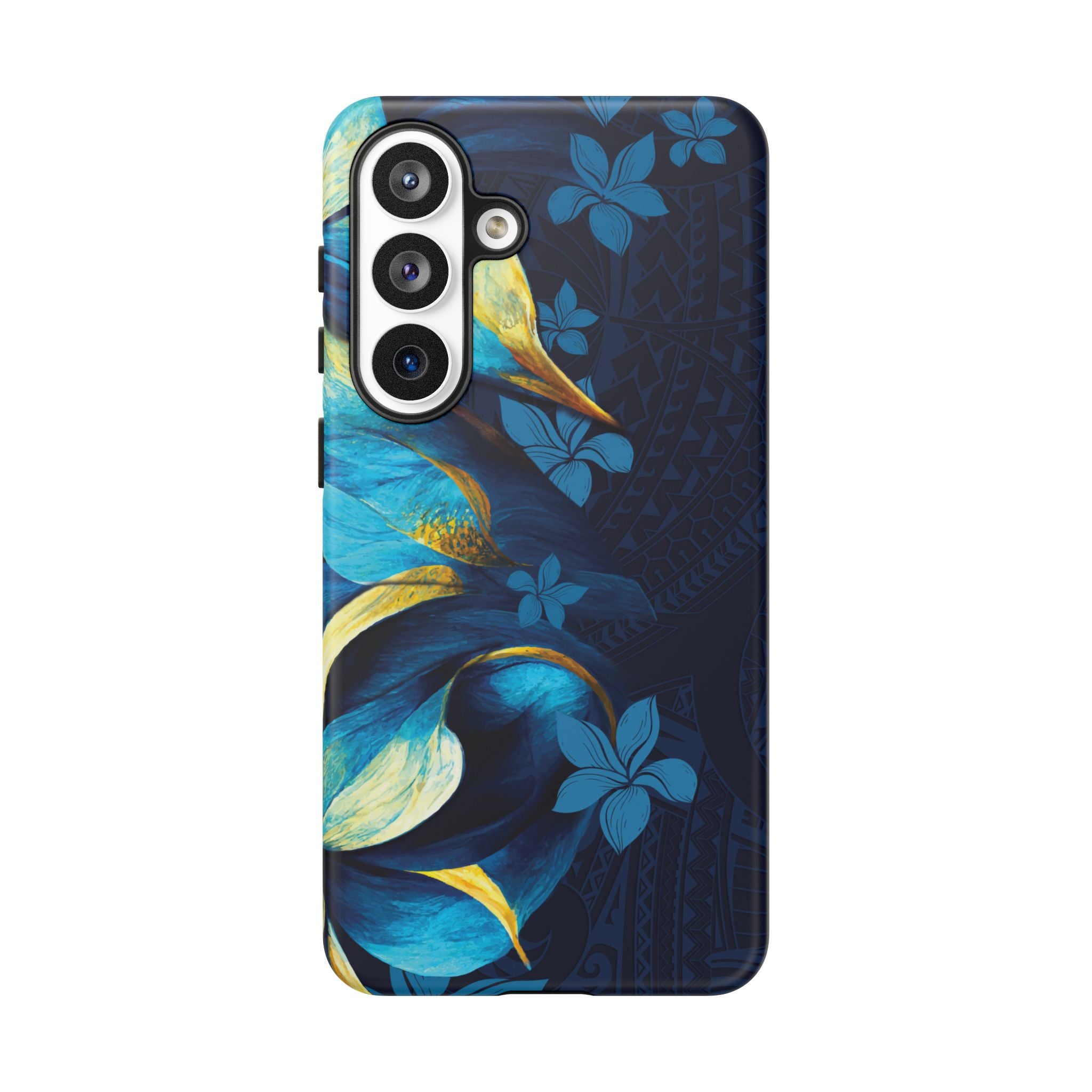 Woman holding Po Mahina Tough Samsung Galaxy Case - Hawaiian Moonlit Teal Gold Floral Design - The Local Banyan